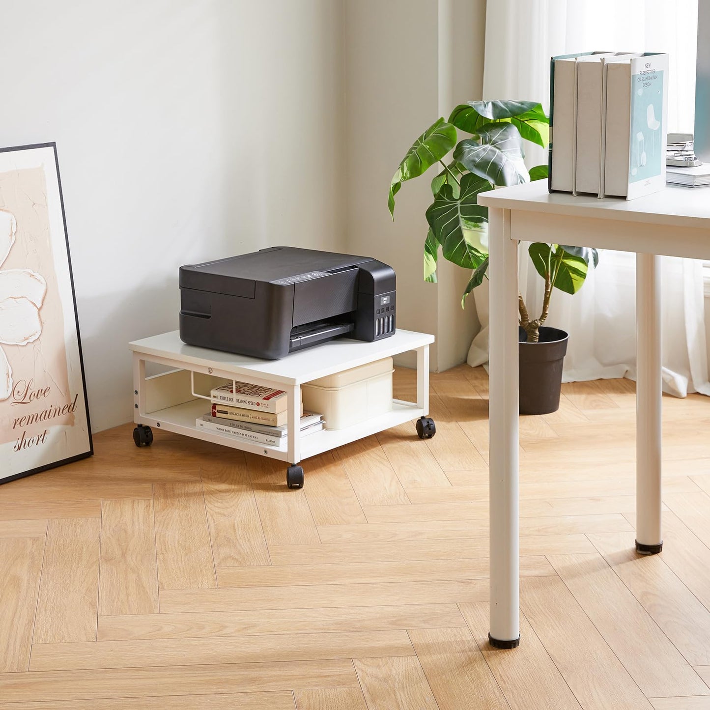 IBUYKE 2 Tier Desktop Printer Stand Cart,Printer Table with Wheels,Desk Heavy Duty Rolling Table with Storage Folders,for Books, Fax Machine