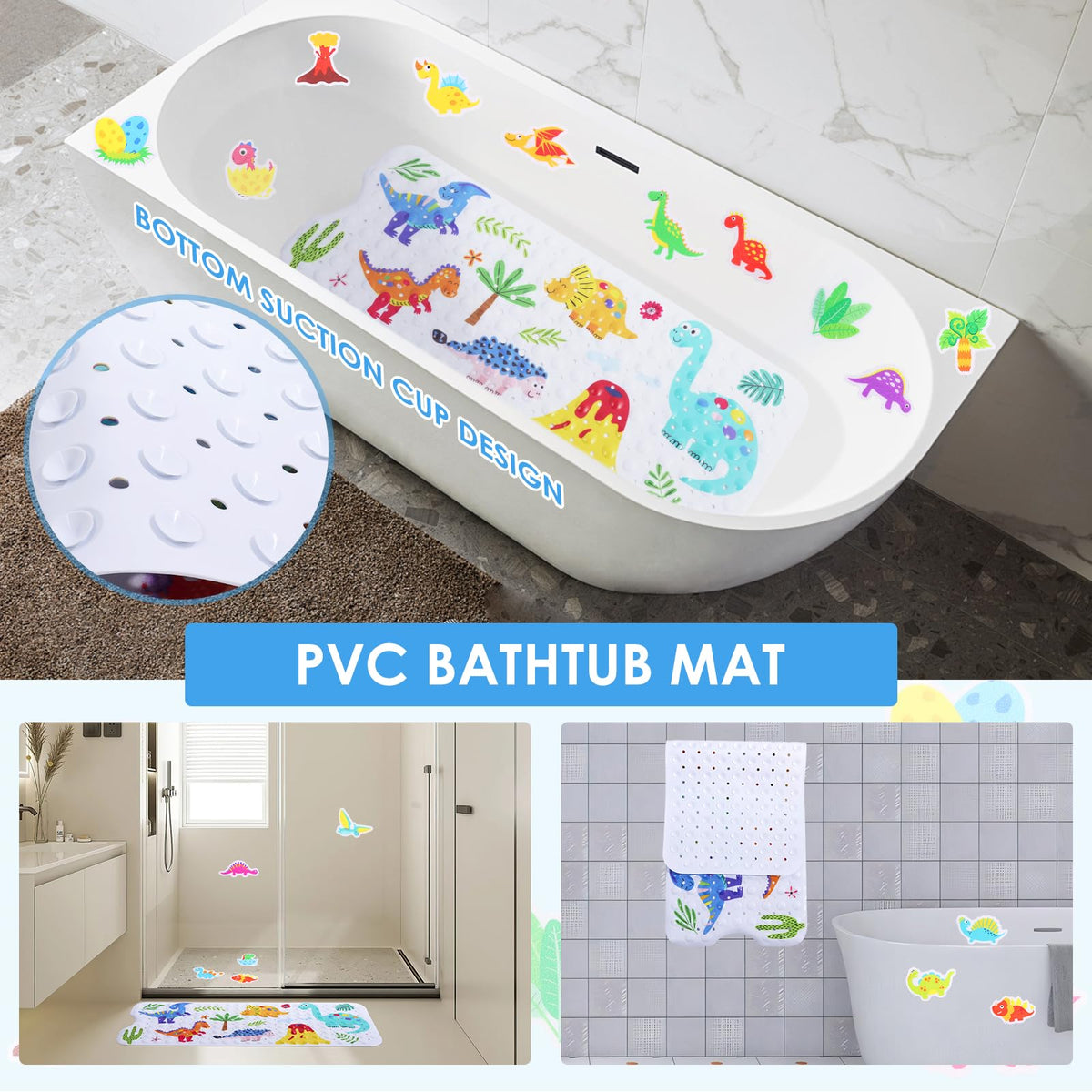 GWCYMYD Baby Bath Mat Non Slip Anti Mould, 100x40cm Extra Long Bathtub Mat for Kids with 30 Shower Stickers