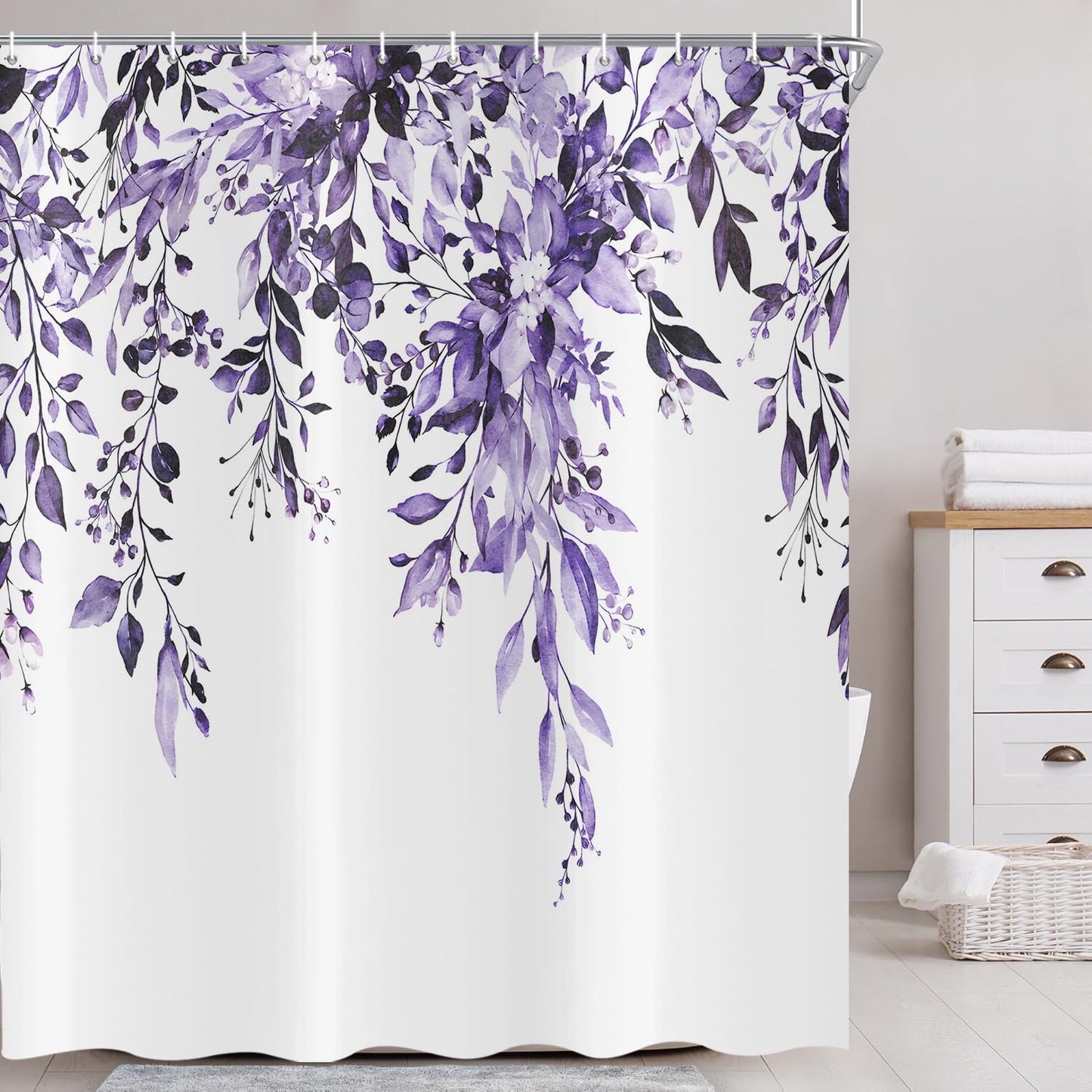 ASDCXZ Purple Eucalyptus Shower Curtain 180x200 cm, Spring Watercolor Eucalyptus Leaves Floral Plants Waterproof Bath Curtain Polyester Textile