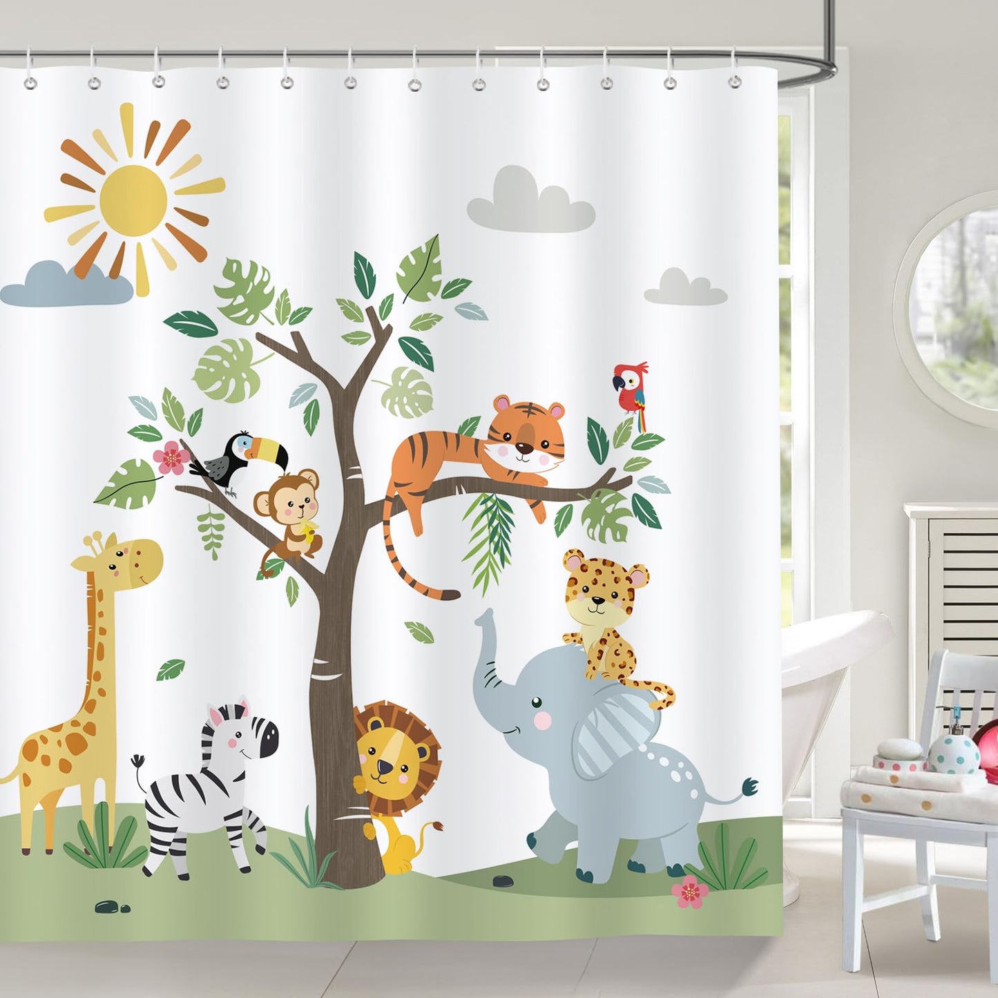 Bonhause Kids Animals Shower Curtain Lion Elephant Giraffe Bathroom Curtain 180 x 180 cm Waterproof Mildew & Mould Resistant Polyester Fabric Bath