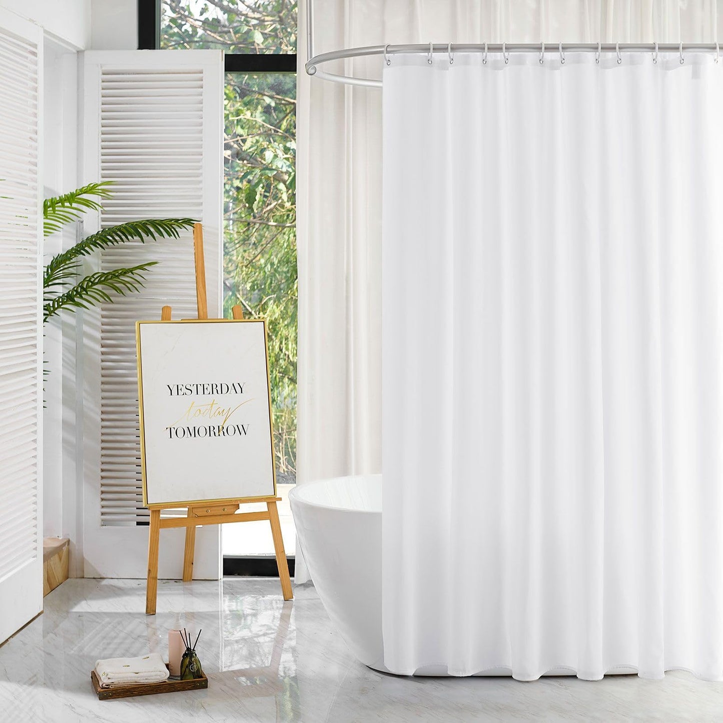 YISURE White Weighted Fabric Shower Curtain 210 drop, Waterproof Shower Curtain for Bathroom Decor, 180x210cm/71 x83