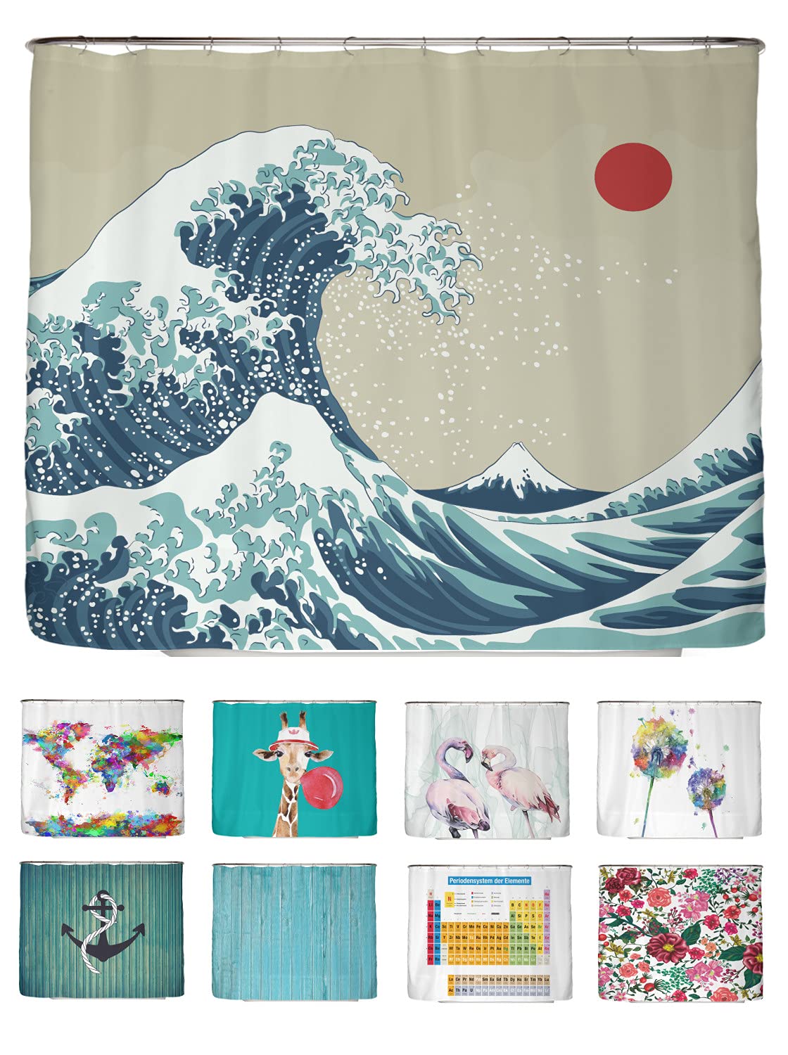 arteneur® - Japan Welle - Anti-Mould Shower Curtain 240 x 200 cm with Oeko-Tex Standard 100 - Weighted Hem, Opaque, Waterproof, Washable