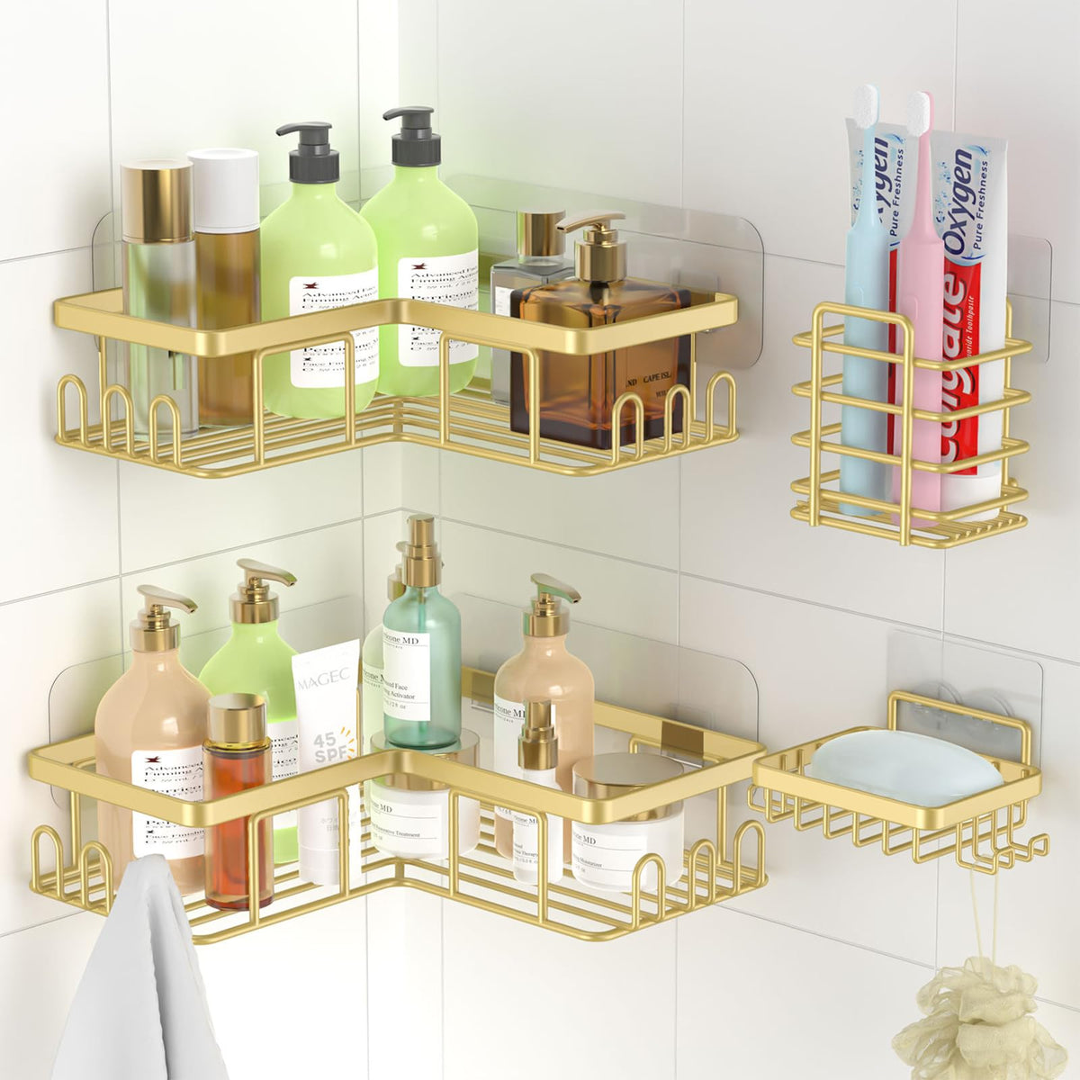 Ruhetfam Shower Caddy, 4 Pack Corner Shelf Adhesive Shower Shelf, Stainless Steel Bathroom Accessory, Bathroom Shelves Organiser No Drilling, Shower