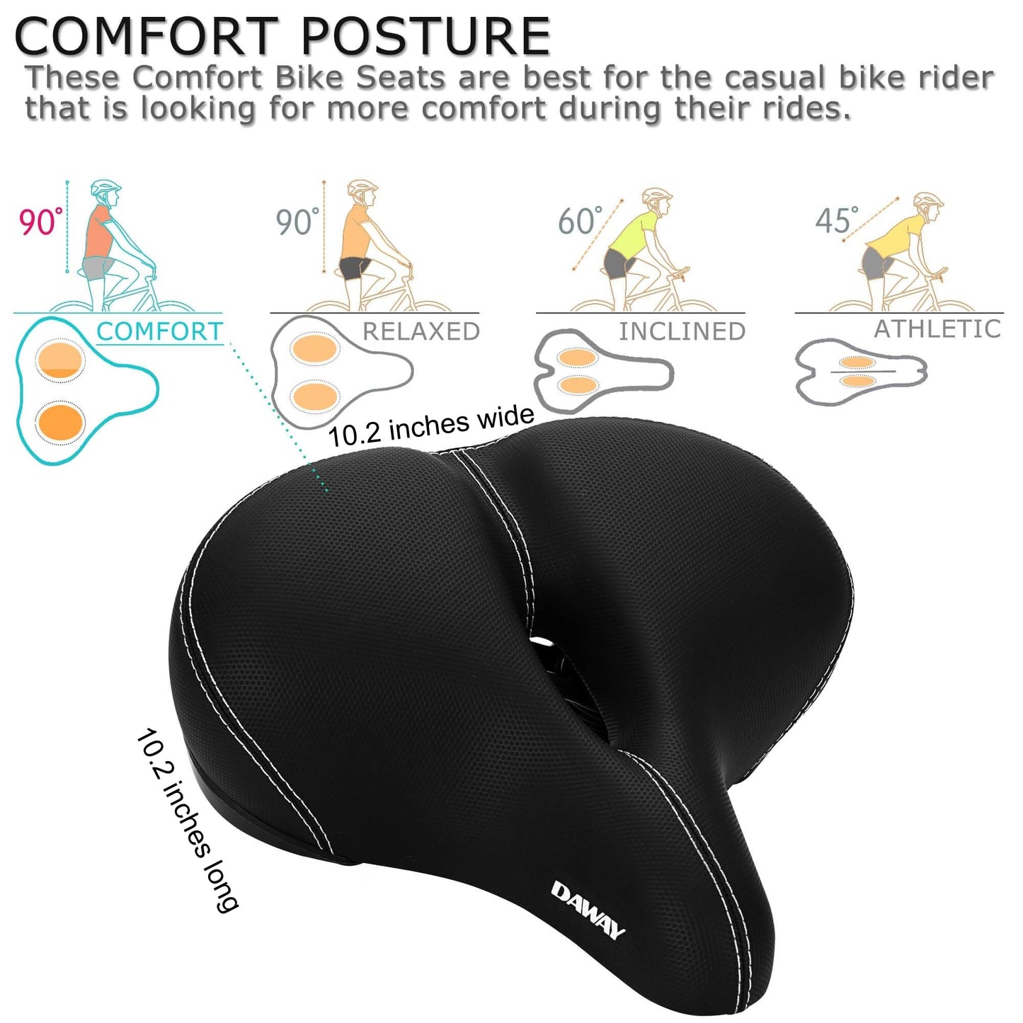DAWAY C30 Large Wide Bike Seat - Most Comfortable Oversized Bicycle Saddle for Peloton, Mountain, Road, Cruiser, Stationary, Exercise Bikes - Soft