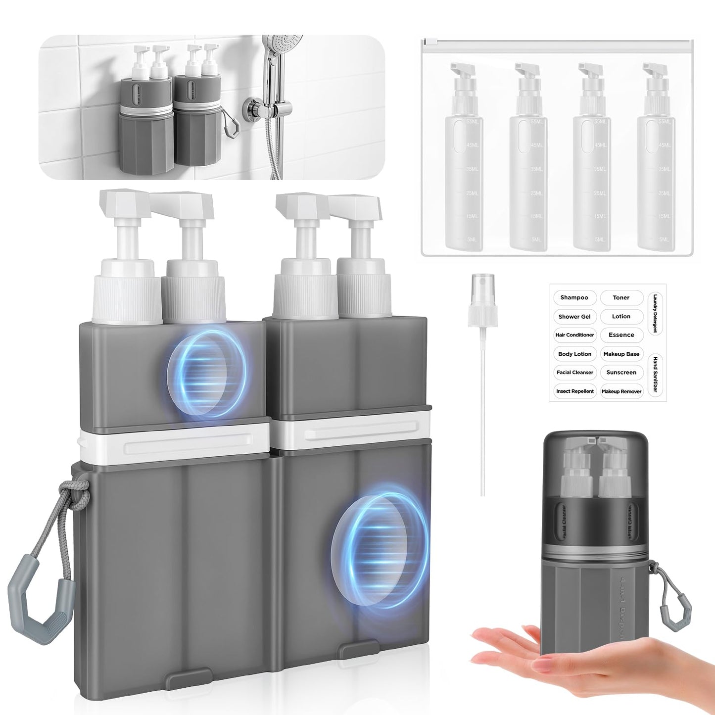 Yotako 4 in 1 Travel Bottles Dispenser - TSA Leak Proof Refillable Silicone Squeeze Pump Dispenser Bottles with Suction Cup