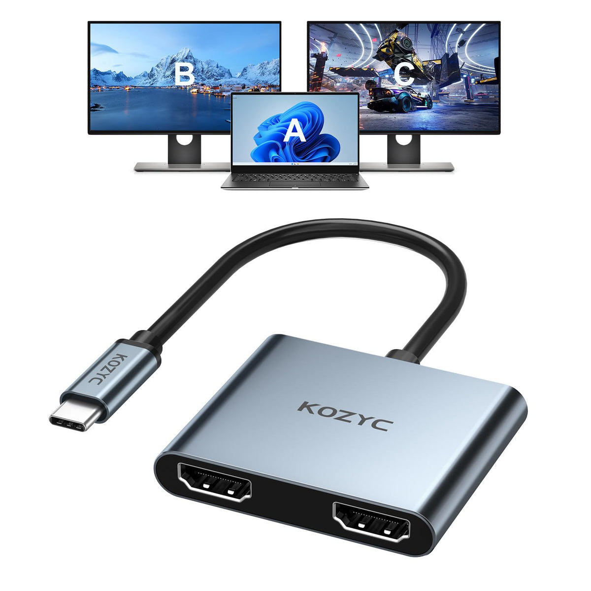KOZYC USB C to Dual HDMI Adapter 4K@60Hz, Type C to HDMI Splitter Extended Display for Laptop, MacBook, MacBook Pro, UHDTV (Only on Windows support