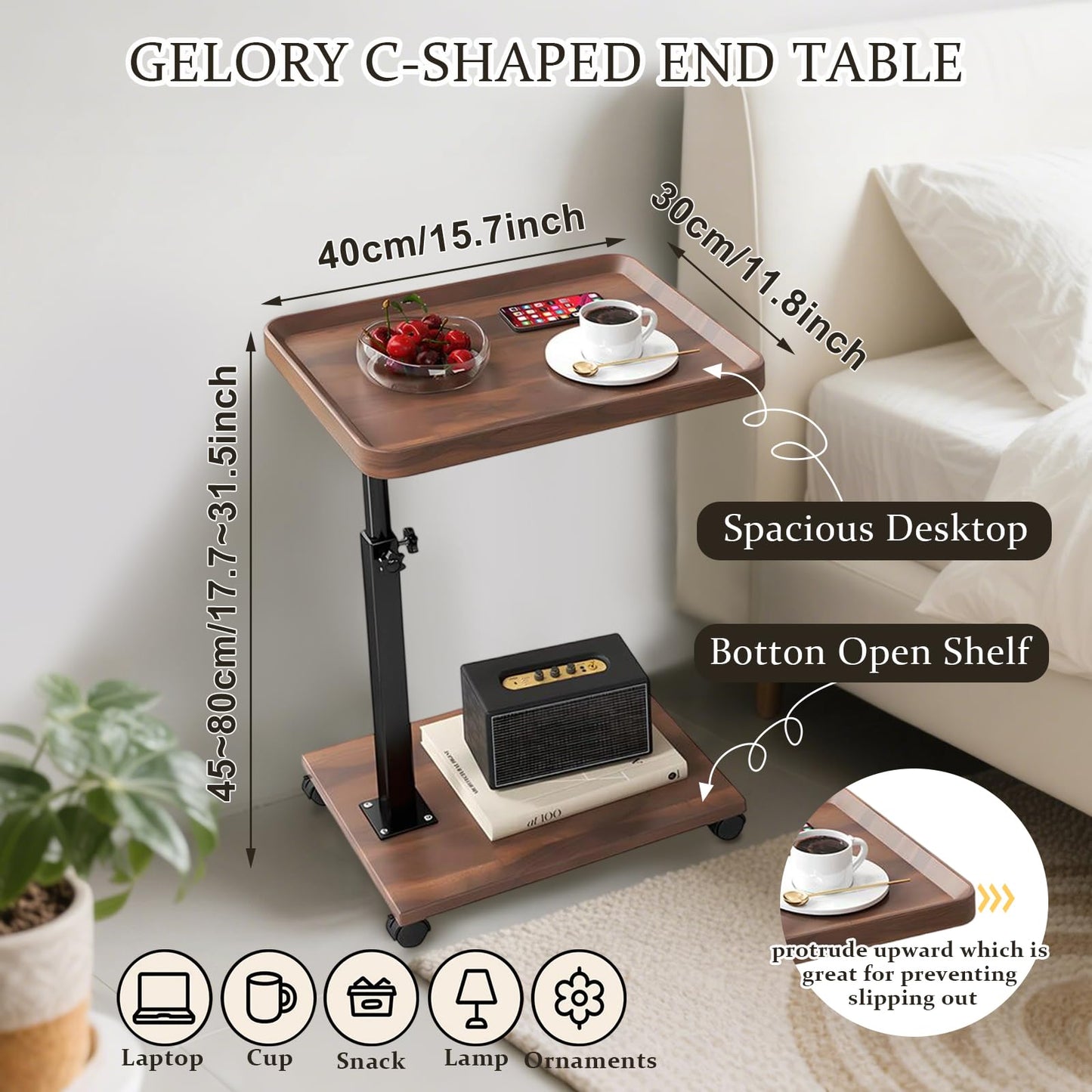 C Table End Table Adjustable Height 360° Swivel TV Tray Table With Wheels