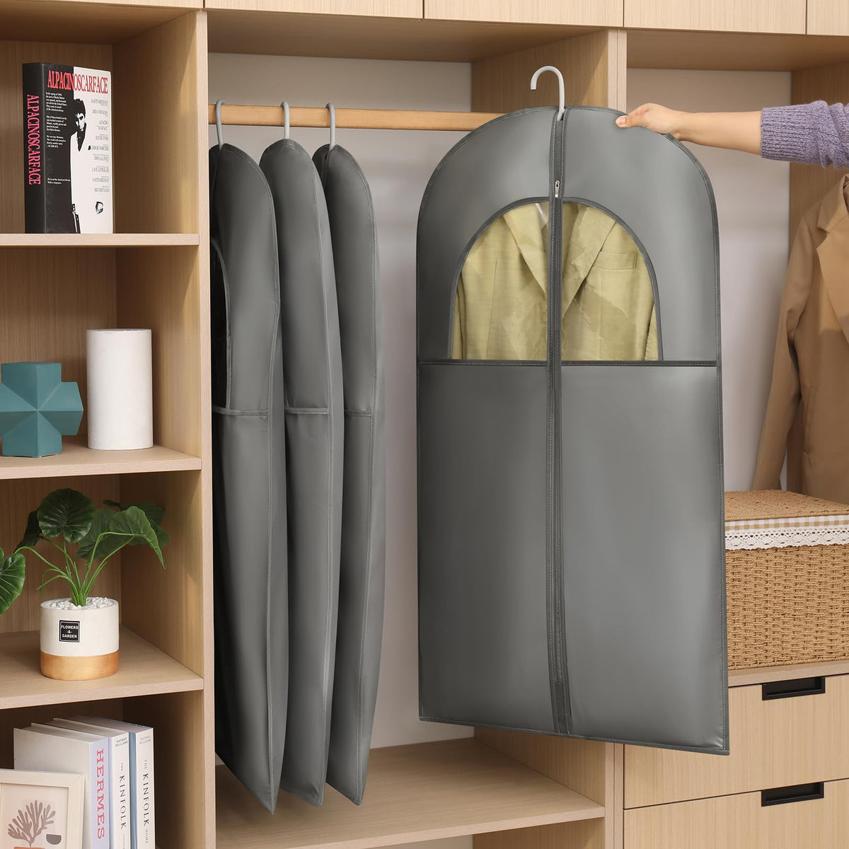 Suit Covers for Men, PEVA Garment Bags with Large Window, Grey, 60x110cm
