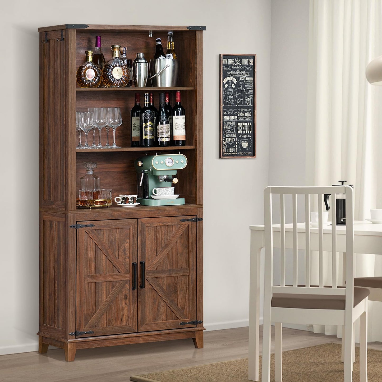 LELELINKY 70in Tall Bookshelf 5 Tier Bookcase with Barn Doors and Adjustable Shelves, Brown Farmhouse Book Shelf with Storage Cabinet