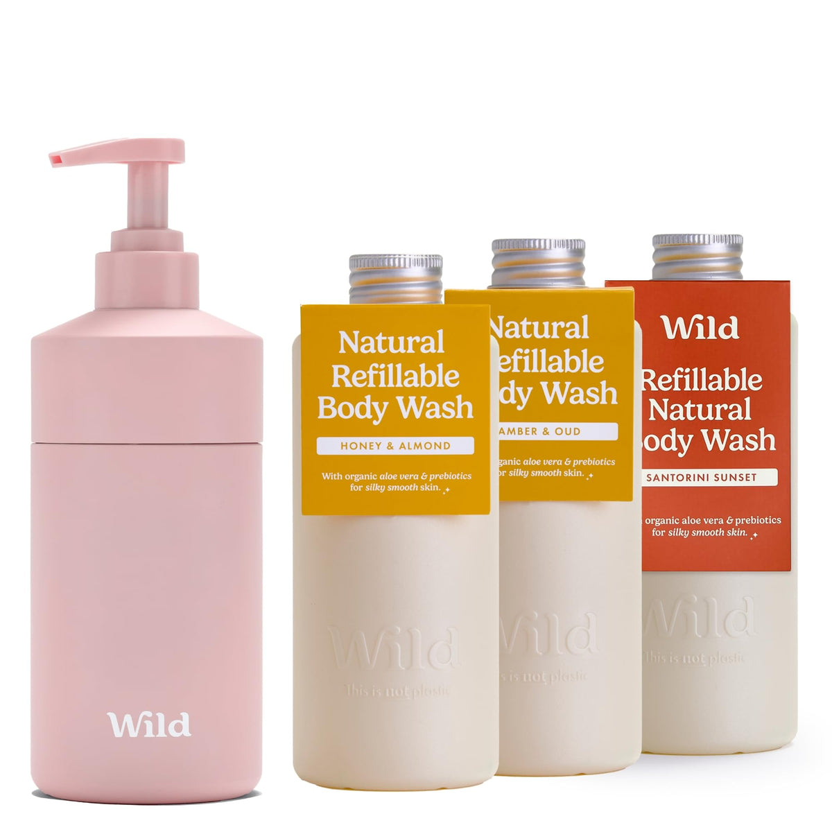 Wild Natural Refillable Body Wash Starter Kit - Rose Pink Aluminium Case & 3 Pack of Shower Gel Refills in a Variety of Scents - Includes Honey &