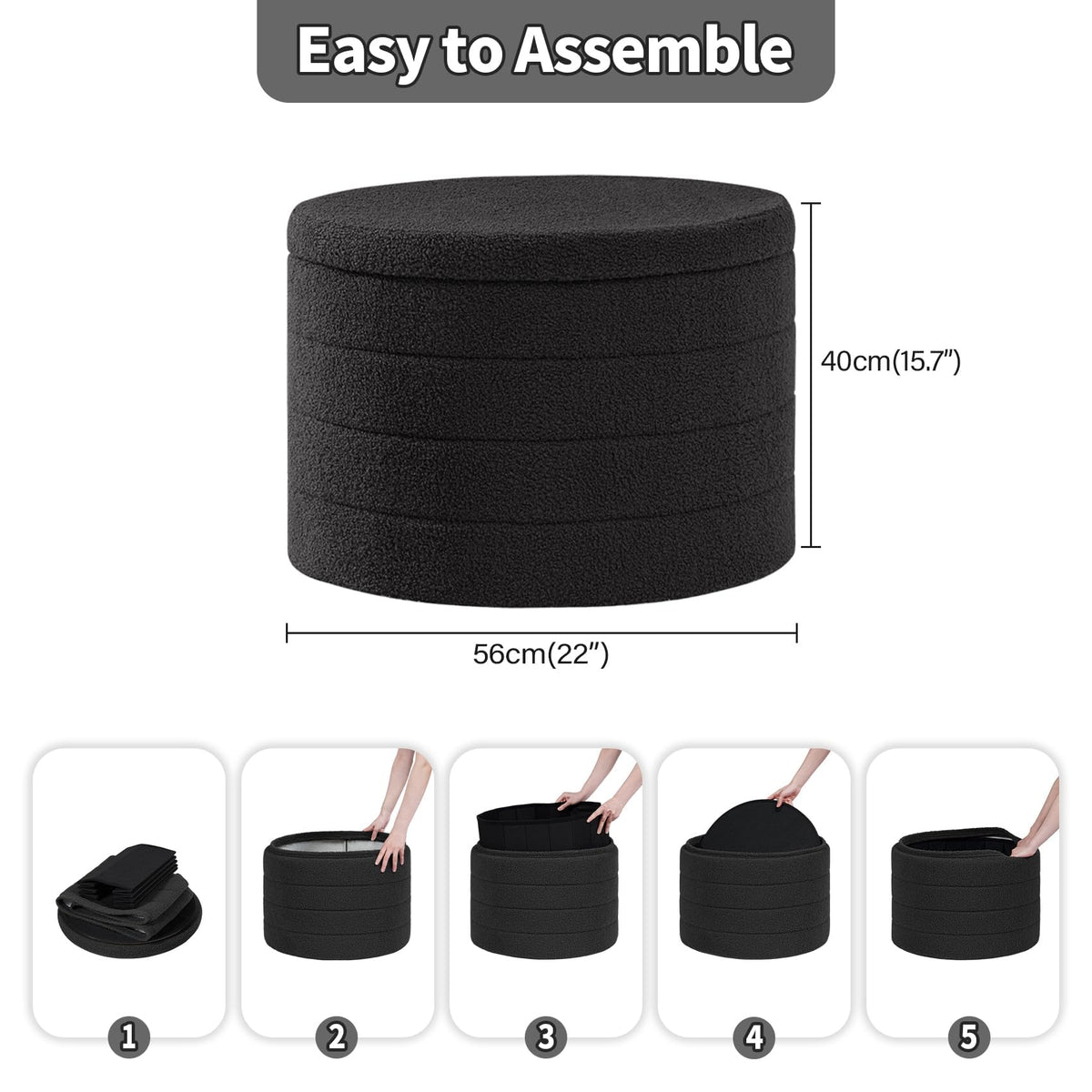 PINPLUS Round Ottoman Storage, Convertible Table, Dark Grey, 56x56x40 cm