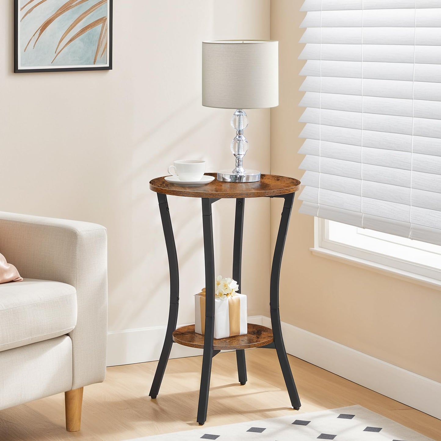 HOOBRO Round Side Table, 2 Tier Small Bedside Table, Round Sofa Side Table with Storage Shelf, Small Tables Coffee Table Hallway for Living Room
