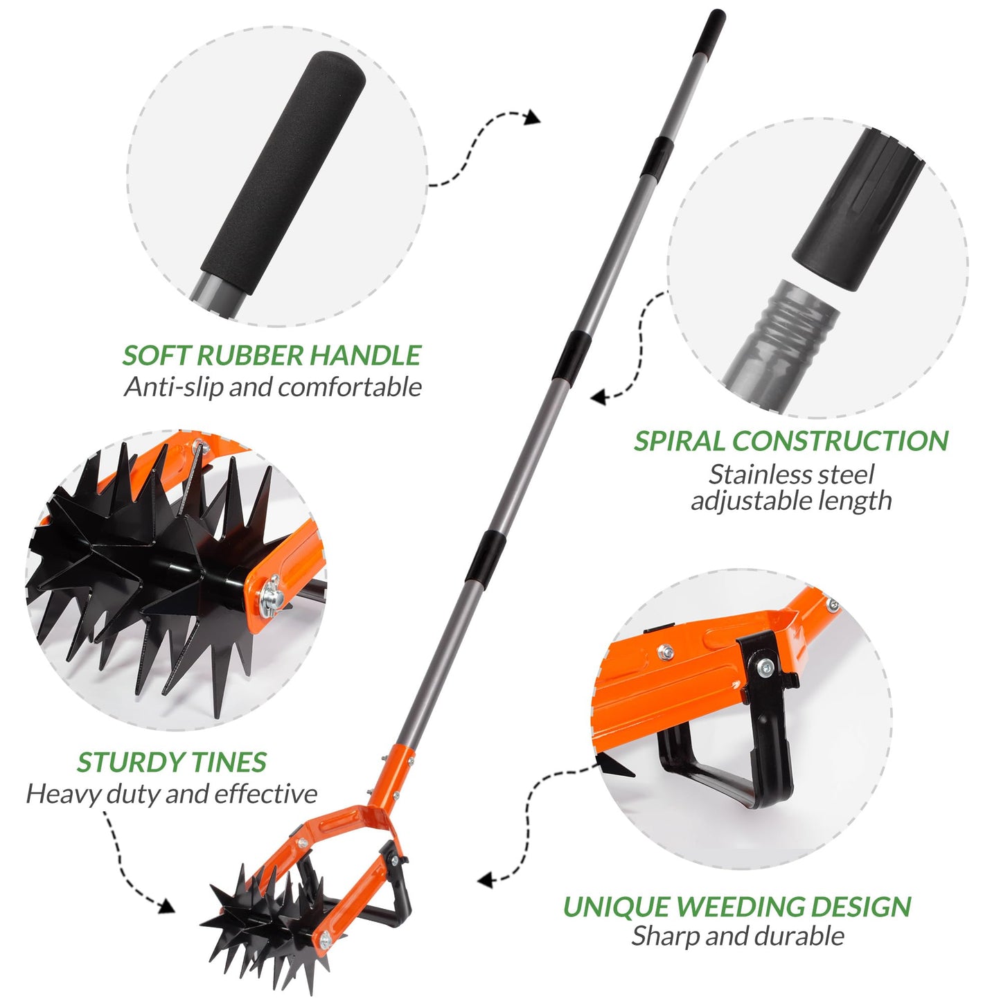 Walensee Rotary Cultivator Tool, Adjustable Garden Hand Tiller with Stainless Steel Pole, 2-in-1 Garden Weeder and Crumbler Soil Cultivator Tool for