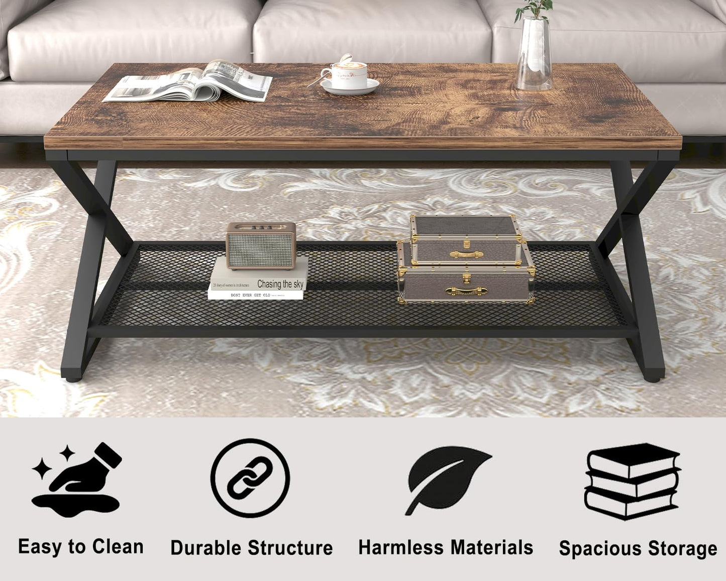 LVB Coffee Table for Living Room Coffee Tables Storage 100cm Rustic Brown