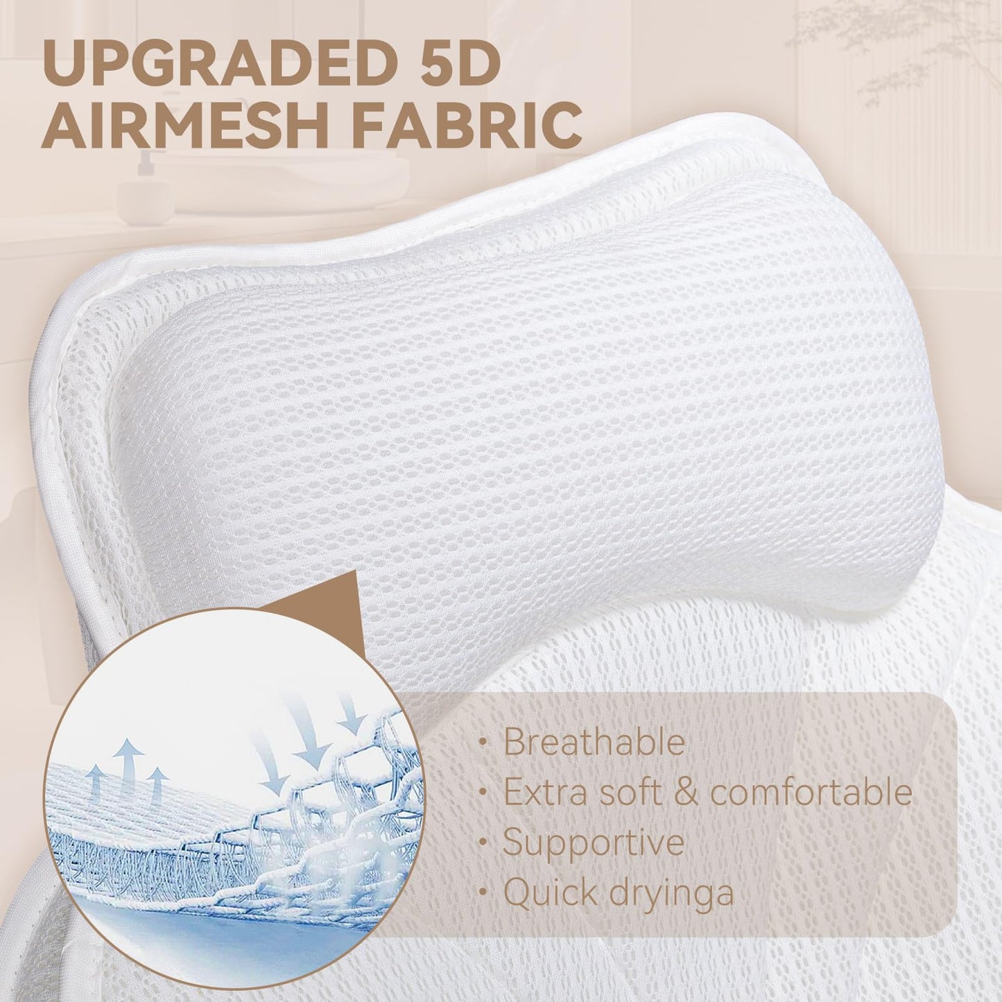 Poemland Bath Pillow for Tub - Luxury Bath Pillow for Neck, Head & Back Support, Soft 5D Mesh Quick Dry Fabric, 54 Non-Slip Suction Cups