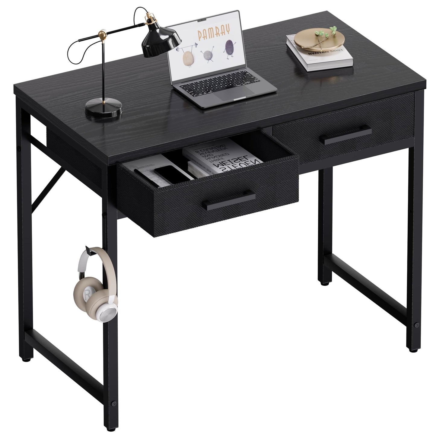 PAMRAY 80cm Small Computer Desk with 2 Drawers for Bedroom Study Writing Home Office Table for Small Spaces Black