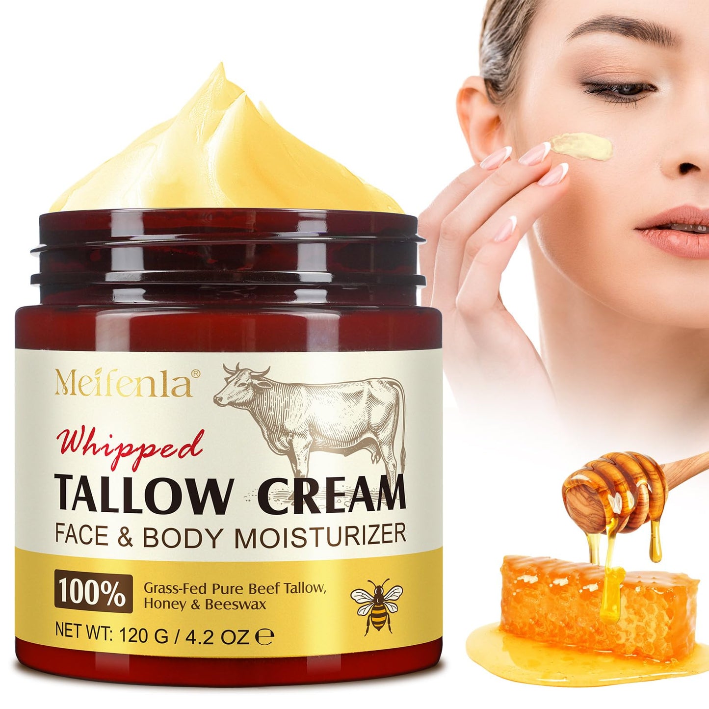 Beef Tallow for Skin,Meifenla Tallow and Honey Cream Natural Tallow Face Moisturizer, Organic Hydrating Beef Tallow Balm Deeply Moisturizing for Face