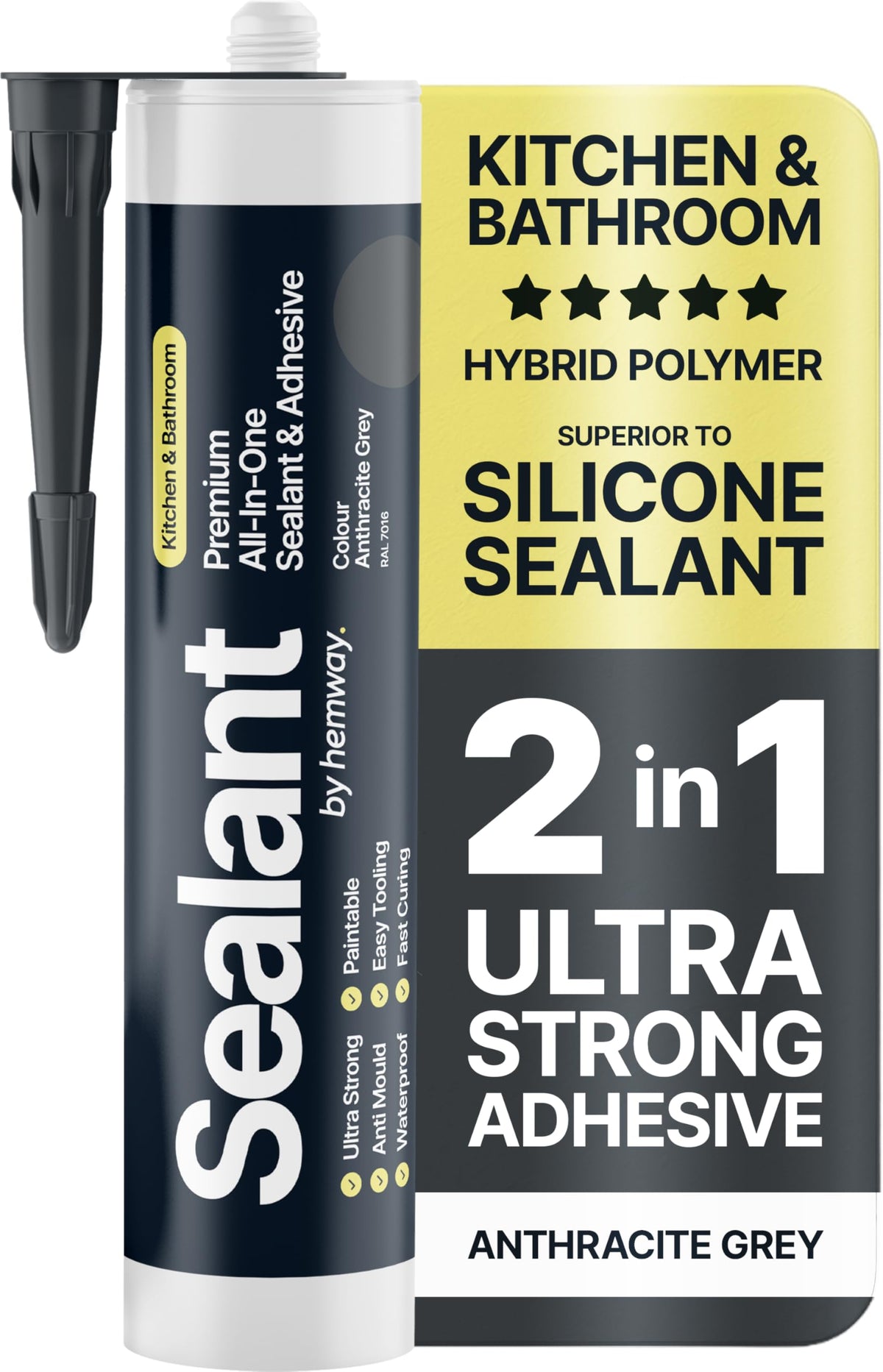 Anthracite Grey Kitchen & Bathroom Sealant & Adhesive Hybrid Polymer | Superior to Bathroom Silicone Sealant | Waterproof, Odourless, Anti-Mould |