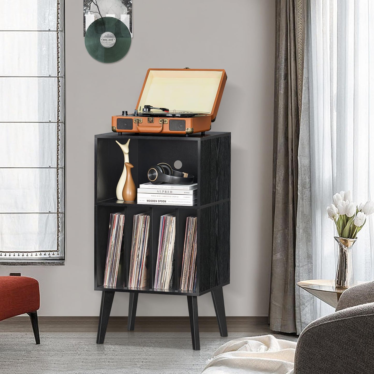 LELELINKY Record Player Stand, Turntable Stand Hold Up To 160 Albums,Black