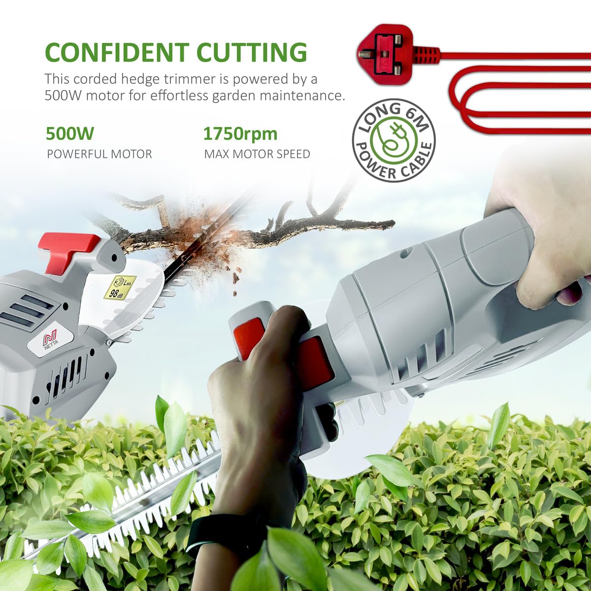 NETTA Hedge Trimmer and Cutter - 500W - 500mm Diamond Cutting Blade - 16mm Tooth Opening - 6M Power Cable - Ultra-Light 2.6kg - Two-Way Safety Switch