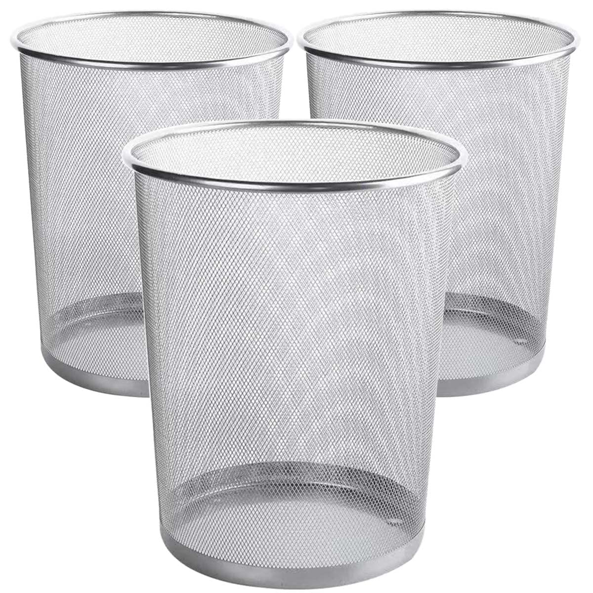 livexa 3 Pack Metal Mesh Waste Paper Bin 12 Litres Lightweight Mesh Wastebasket Waste Bin Silver Metal Rubbish Bin for Bedroom, Office, Bathroom
