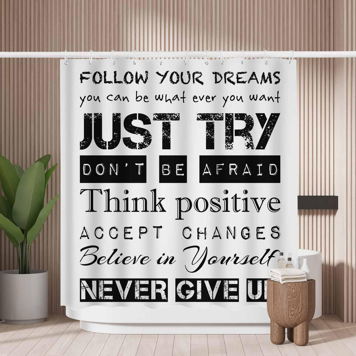 Woutay Shower Curtain Mould Proof Resistant Inspirational Motivational Quotes Just Try,Water Repellant Fabric,Polyester,with 12 Plastic Hooks,Size