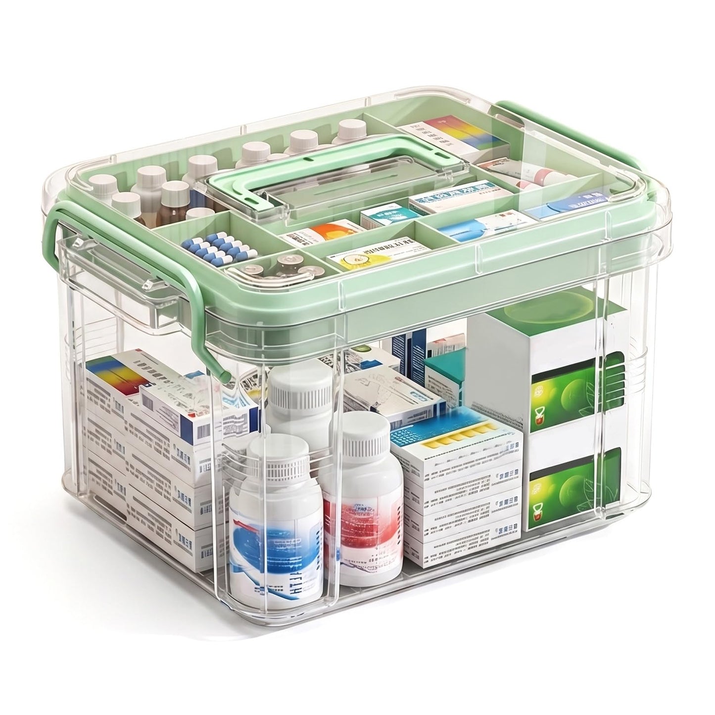 Small Medicine Storage Box, 2 Layer First Aid Box Organizer with Smooth Top Handle and Removable Tray Partitioned