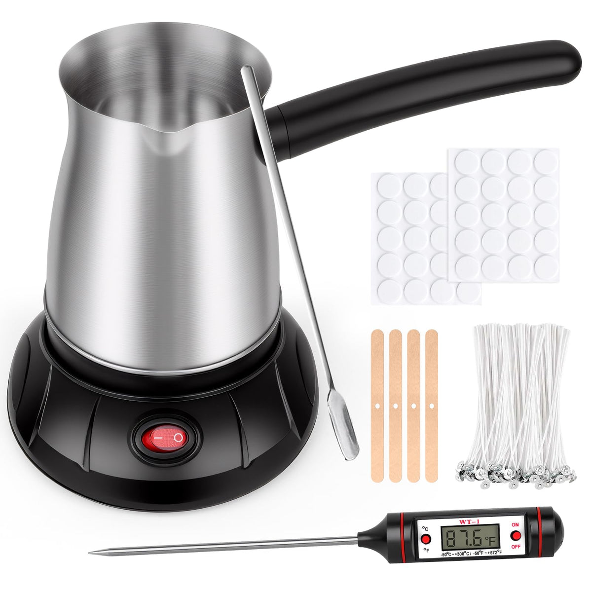 Electric Wax Melting Pot - Candle Wax Melter 600ml for Candle Making Non-Stick Kit with Spout Includes Thermometer, Wicks, Wick Stickers, Centering