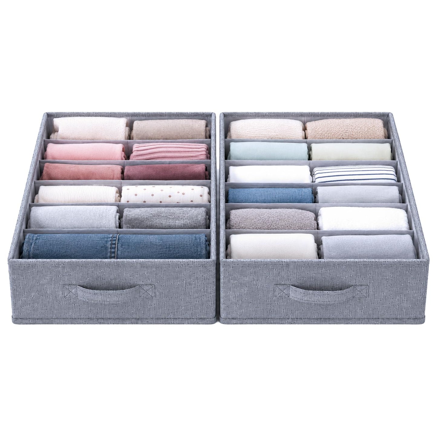 ZENO Large Drawer Organizer 16.5" L x 11.8" W x 6.7" H - 2 Pack Fabric Closet Bins with 5 Separators - Foldable Wardrobe Dividers for Sweaters, Jeans