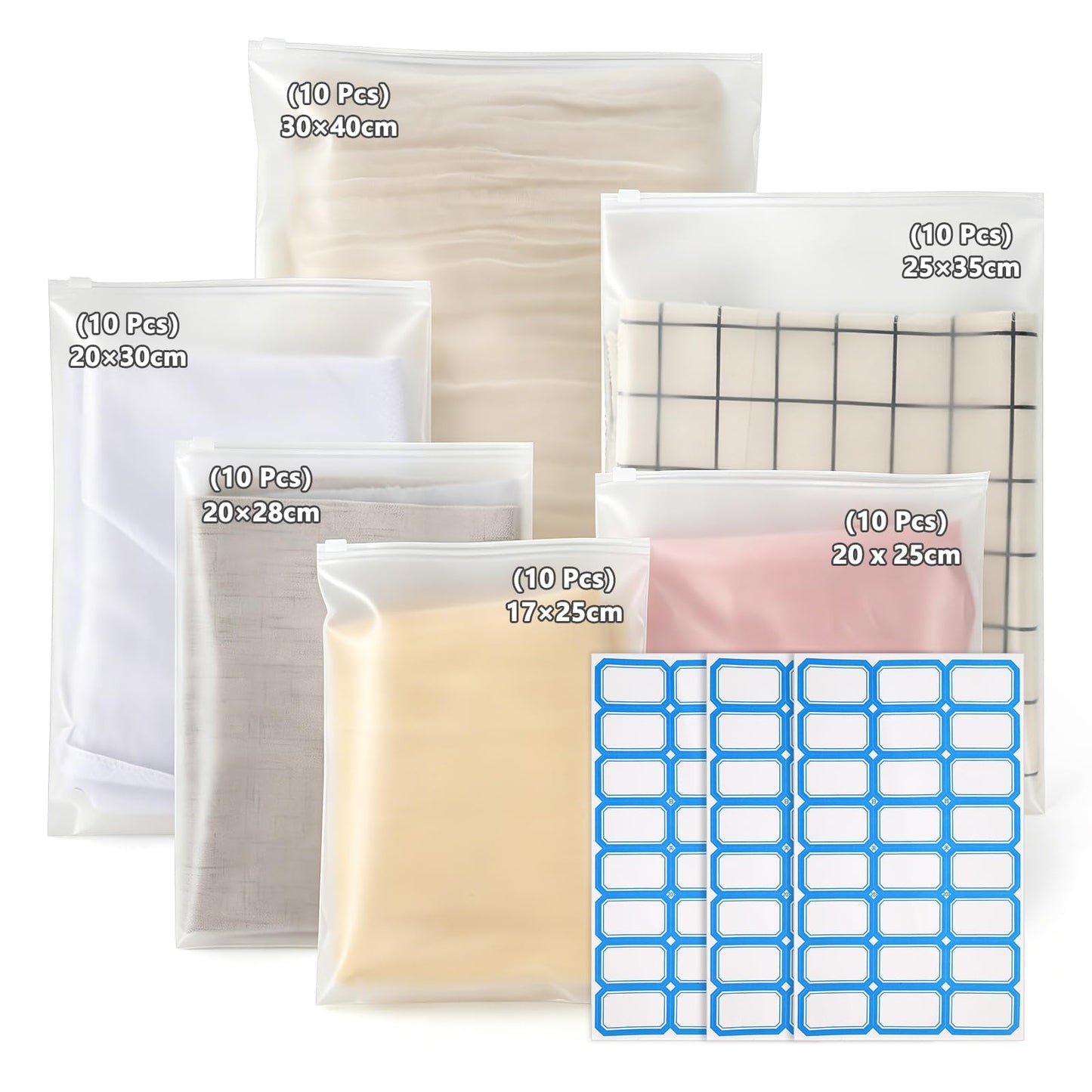 Ziplock Bags for Clothes, 60 Pcs, Multiple Sizes, with Lable Stickers