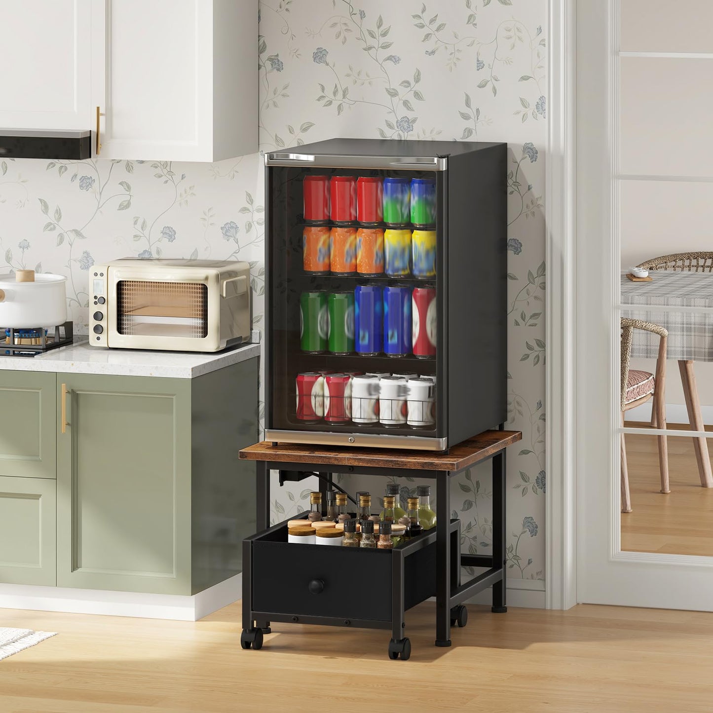 HOOBRO Mini Fridge Stand with Storage Basket and Power Outlet, Mini Fridge Cabinet with Wheels and Adjustable Feet, Mobile Fridge Shelf, for Home