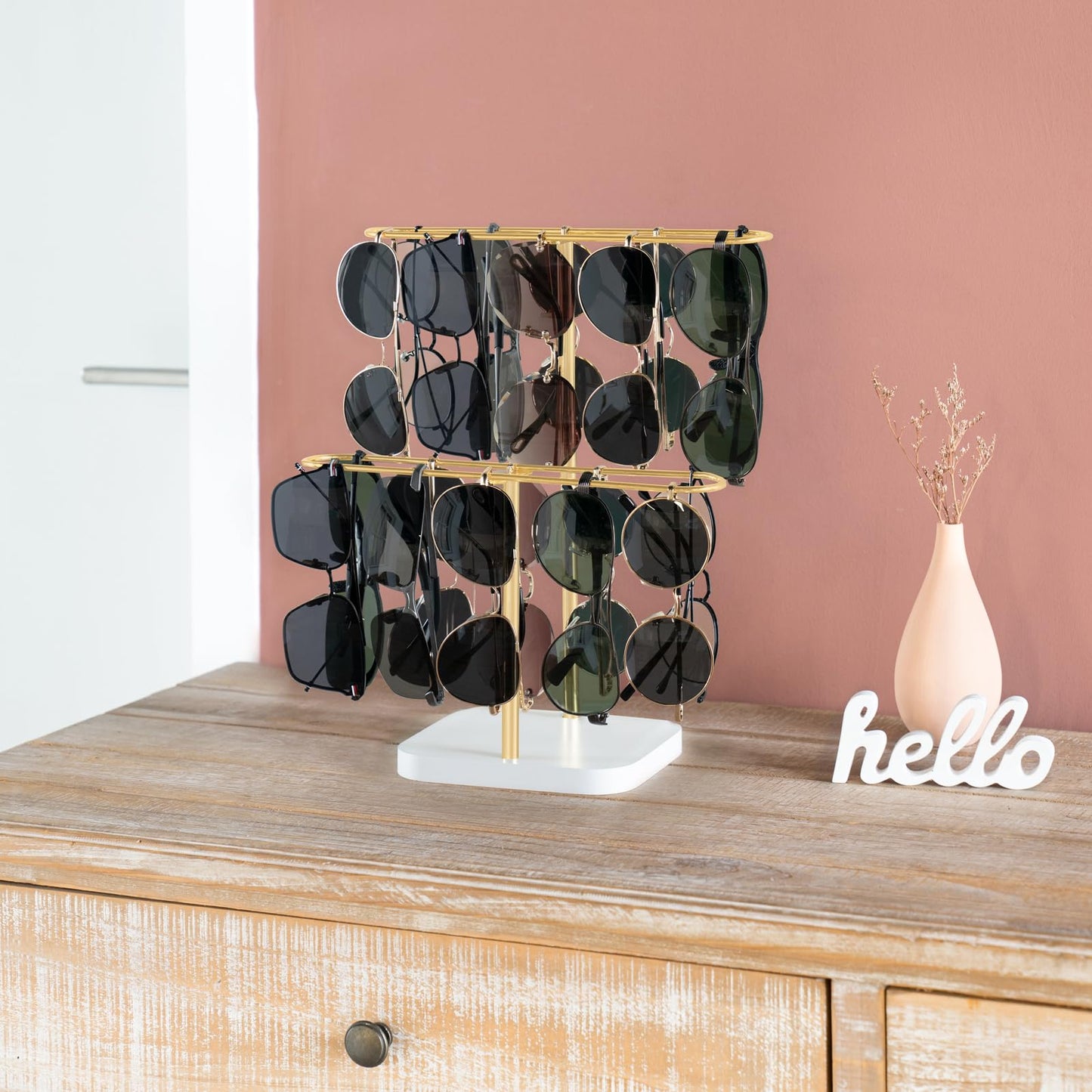 Mkono Sunglasses Organizer Glasses Holder Stand for 24 Pairs of Eyewear, 2 Tier Sunglass Storage Eyeglasses Display Rack Metal Frame with Wood Base