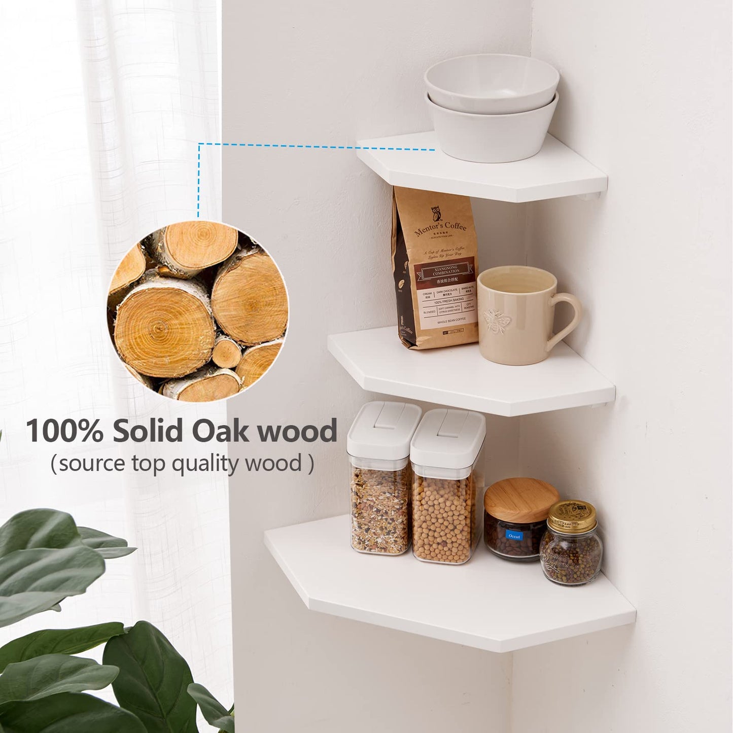 GIEANOO White Corner Shelf Wall Mount, Natural Oak Wood Floating Corner Wall Shelf Round End Shelving Solution Floating Speaker Small Corner Plant