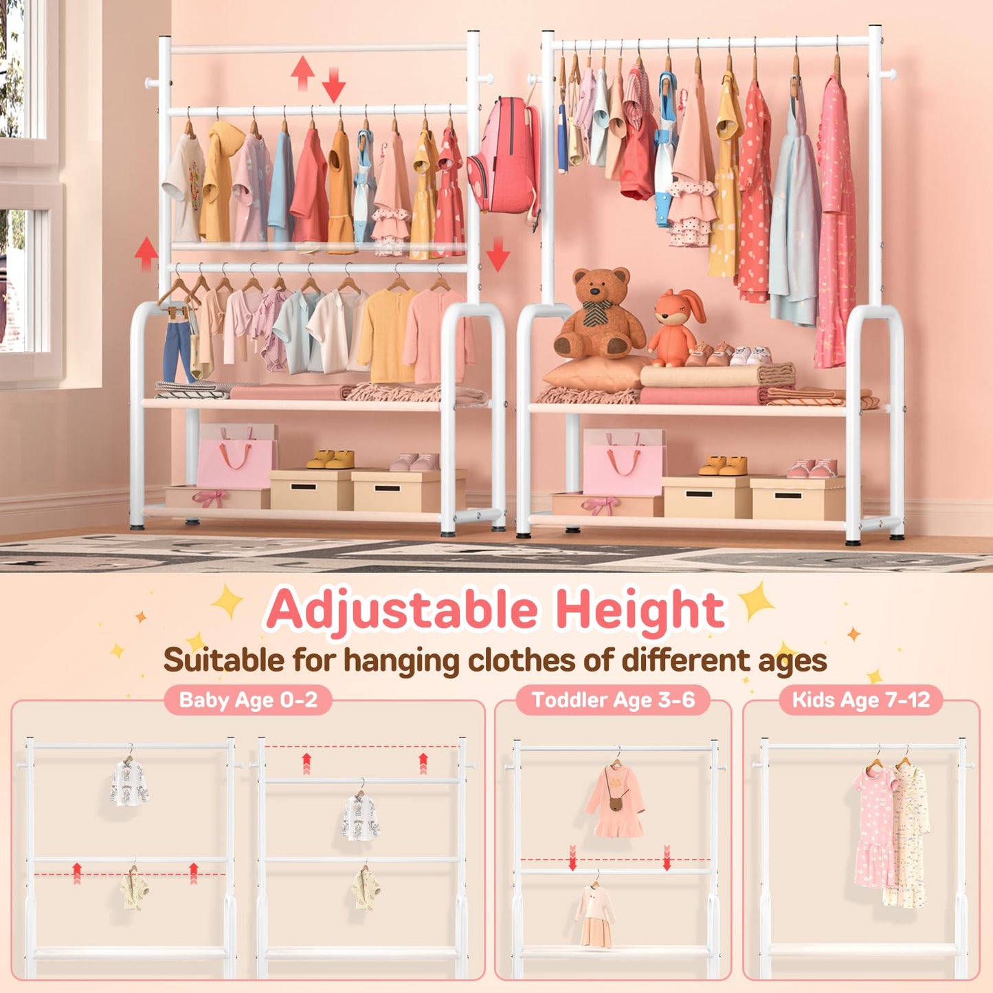 Kids Clothing Rail, Adjustable Toddler Dress Up Storage Rack, White