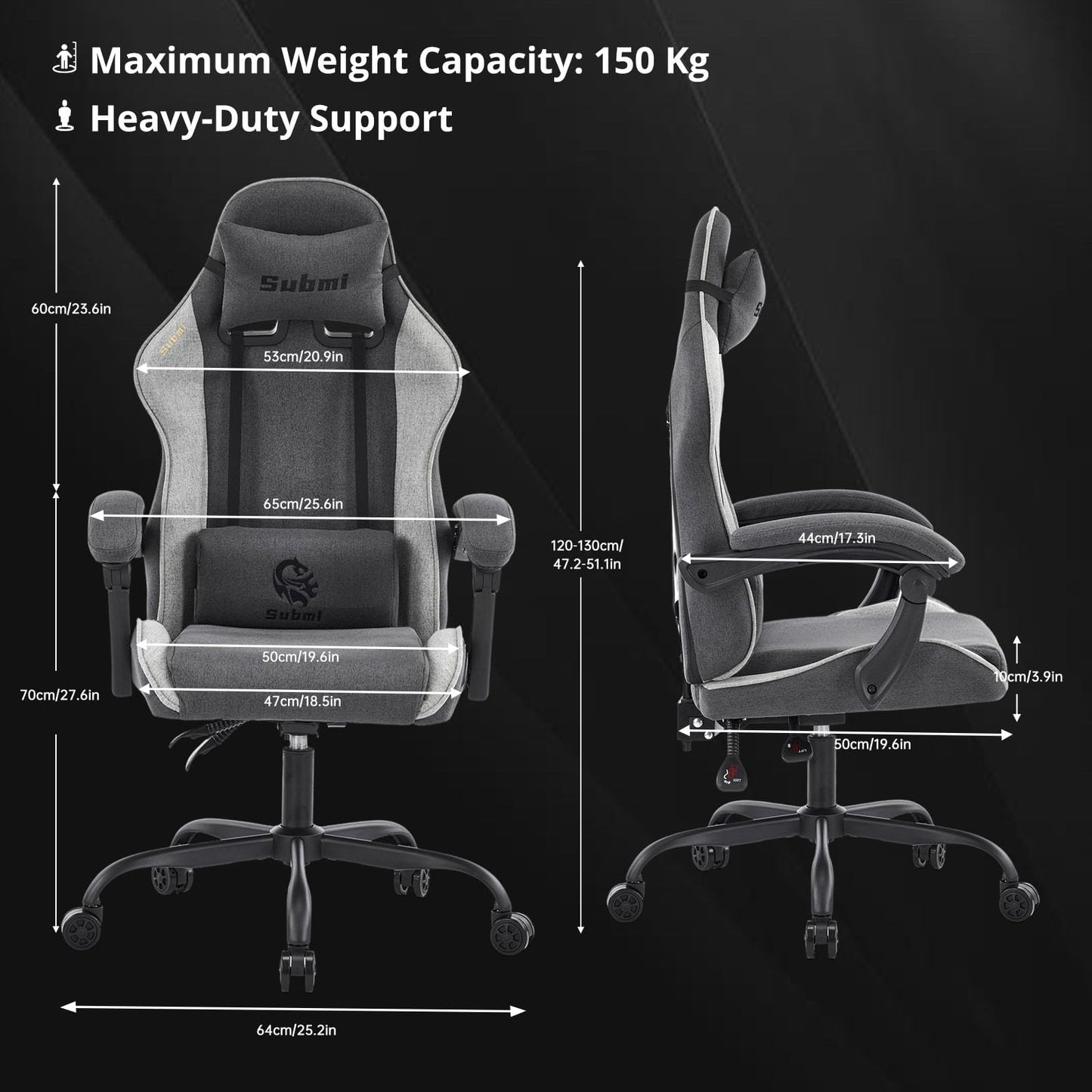 WUPY Ergonomic Gaming Chair, 135° Recline Fabric Office Chair, Black Grey