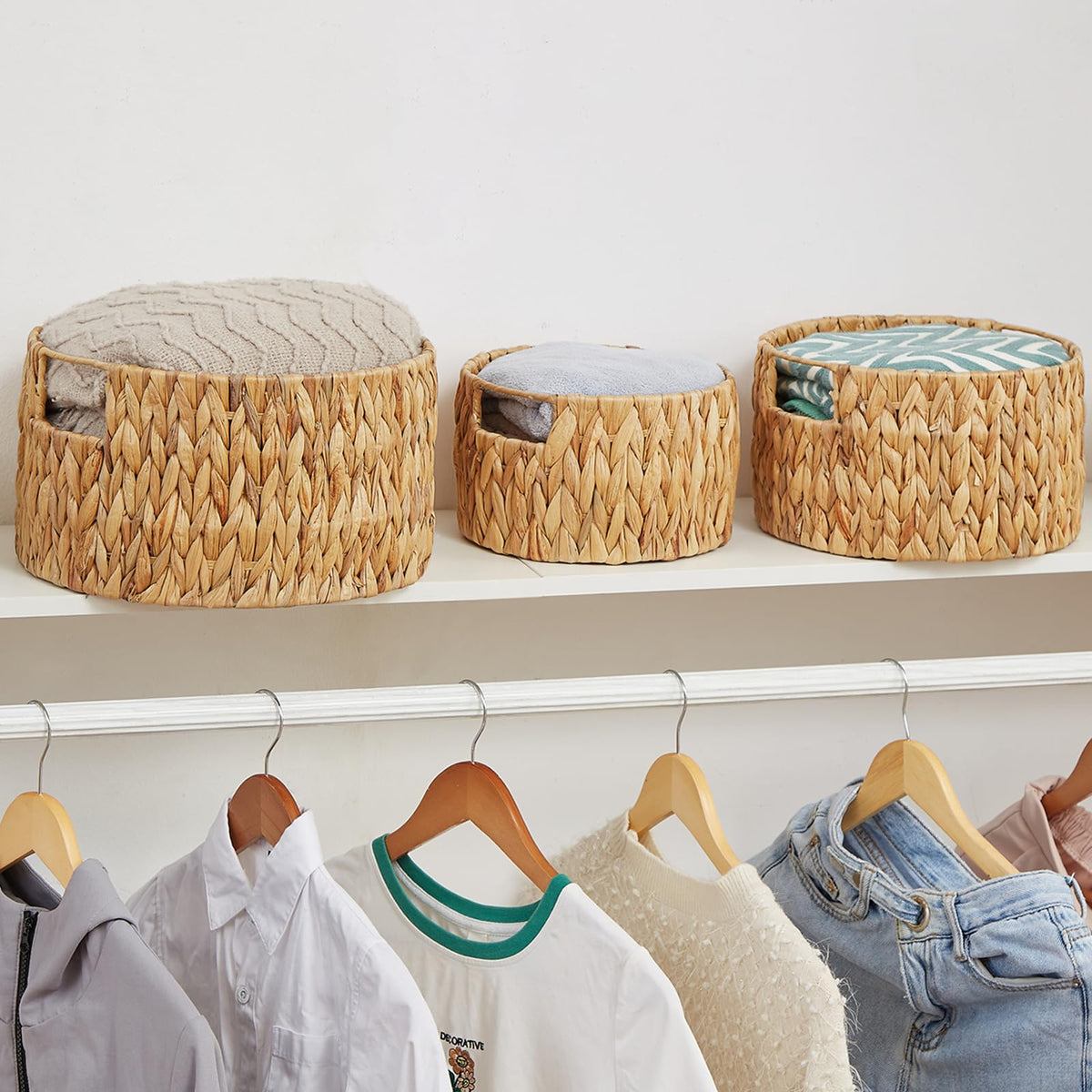 Vagusicc Water Hyacinth Storage Basket Set of 3, HandWoven Round Wicker Storage Basket with Handle, Natural Woven Shelf Basket Organizer