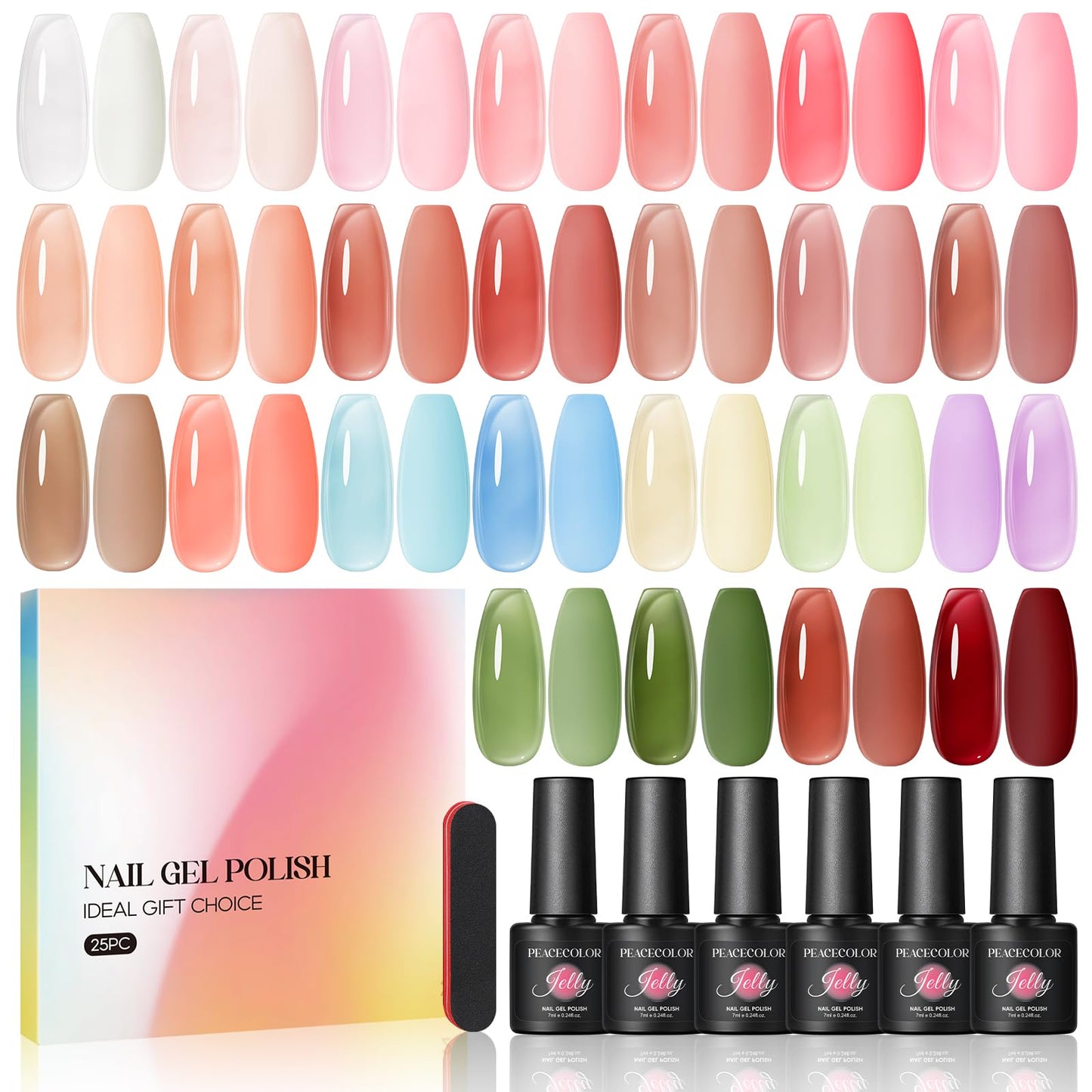 PEACECOLOR Jelly Gel Nail Polish- 25pc Translucent Burgundy Brown Red Colours Soak Off Gel Polish, Nail Art Manicure Salon and Home DIY for Women Gift