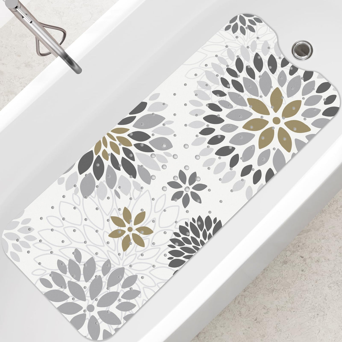 SHUCHING Grey Boho Bath Mat Non Slip Anti Mould, 100 X 40 cm Extra Long Bathtub Mat Anti Slip, Shower Mat Non Slip Anti Mould for Bathroom Machine