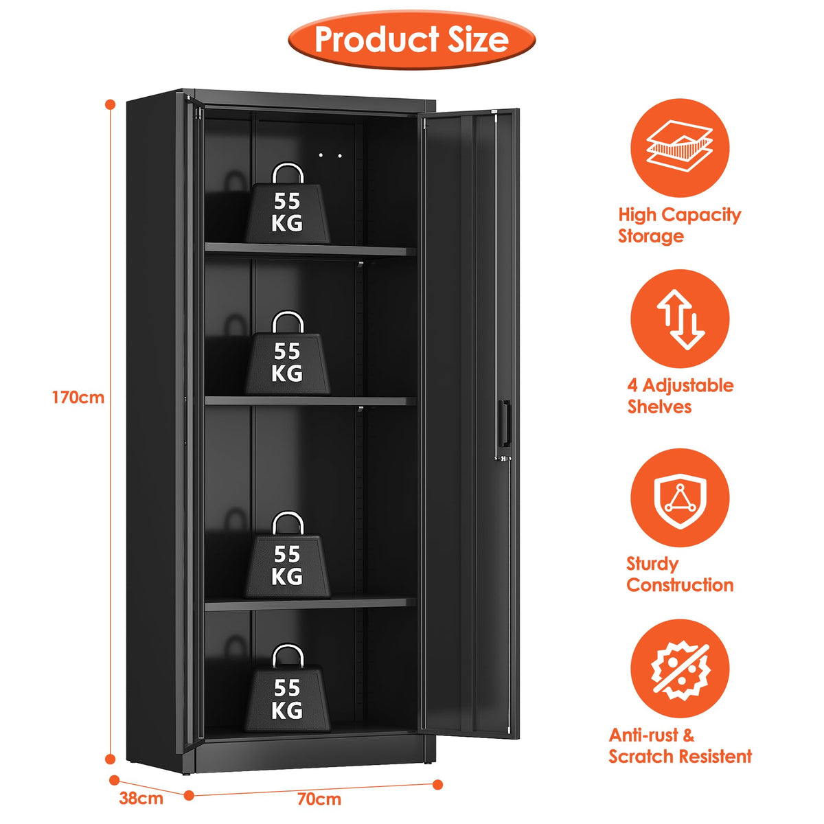 FlairVibe Metal Storage Cupboard with 2 Door and 3 Adjustable Shelves,Black