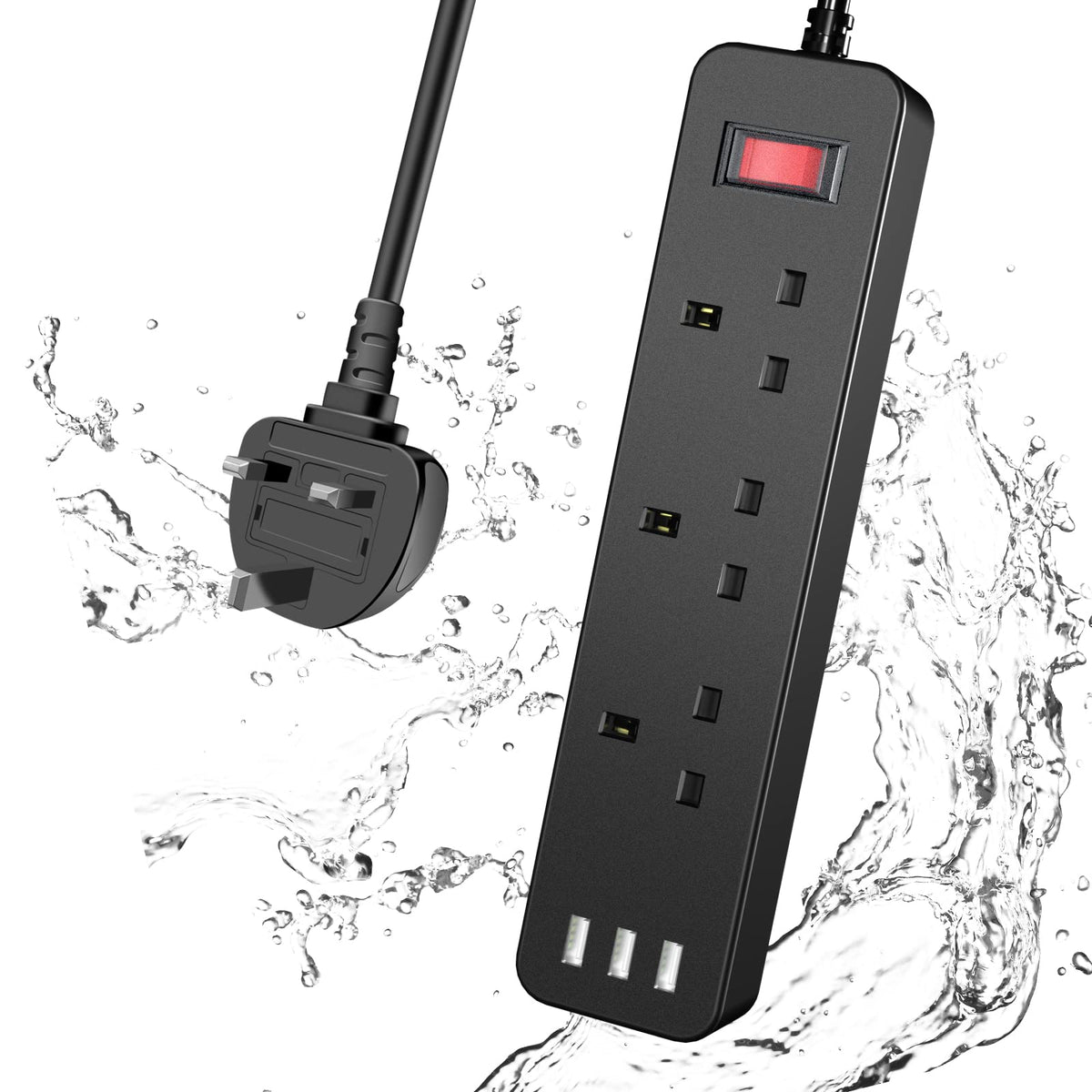 Outdoor Extension Lead with USB Slots, Waterproof Power Strip with 3 Way Outlets Surge Protector Extension Cord,Multi Plug Adapter PC Accessories