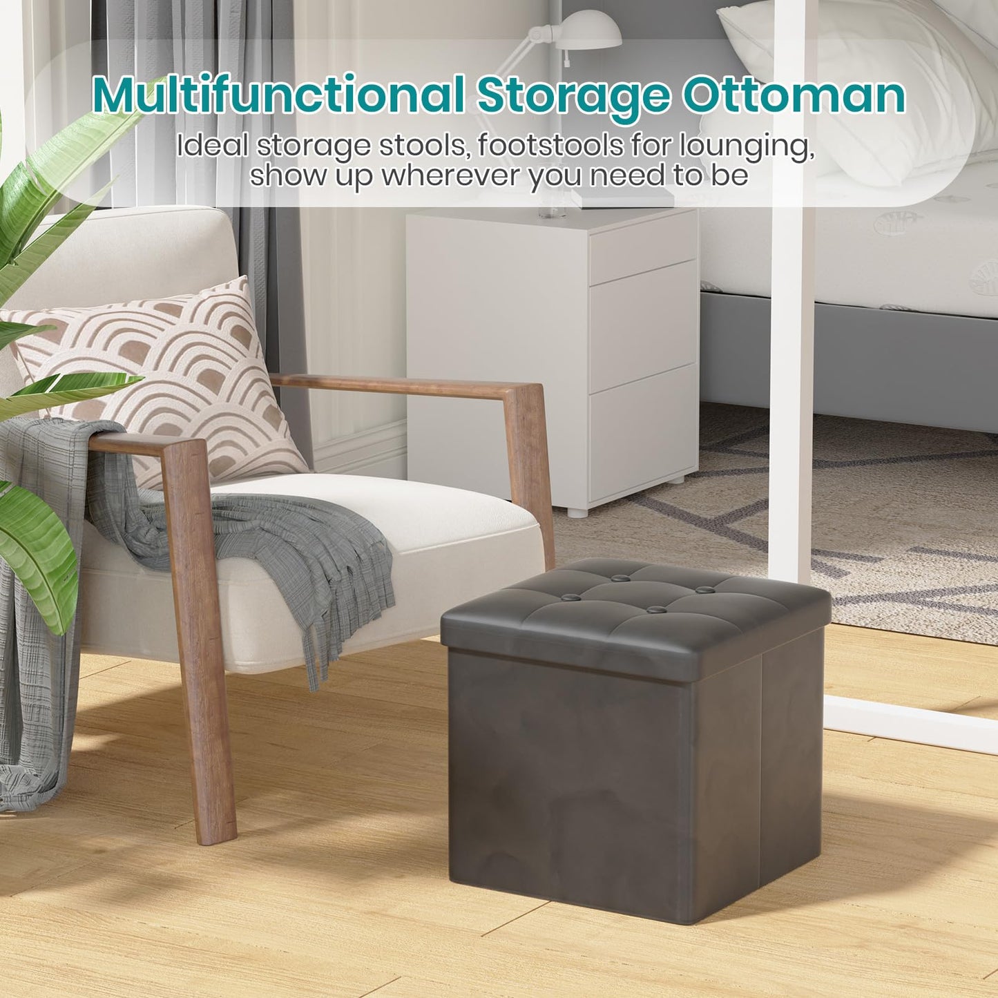 Oak & Tea Storage Ottoman, Foldable Storage Bench, Small Footrest, Cube Storage Unit, 1 Storage Boxes with Lid, Footstool