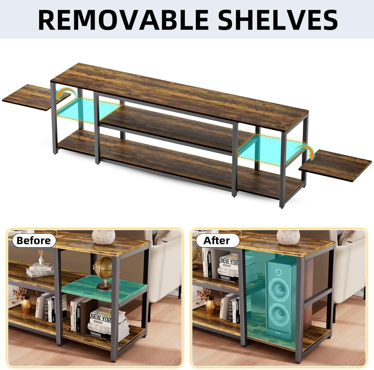 Aquzee 85 Inch TV Stand, 191 cm Long TV Unit, 40D x 191W x 58H cm, 3-Tier Large TV Cabinet with Open Storage Shelves