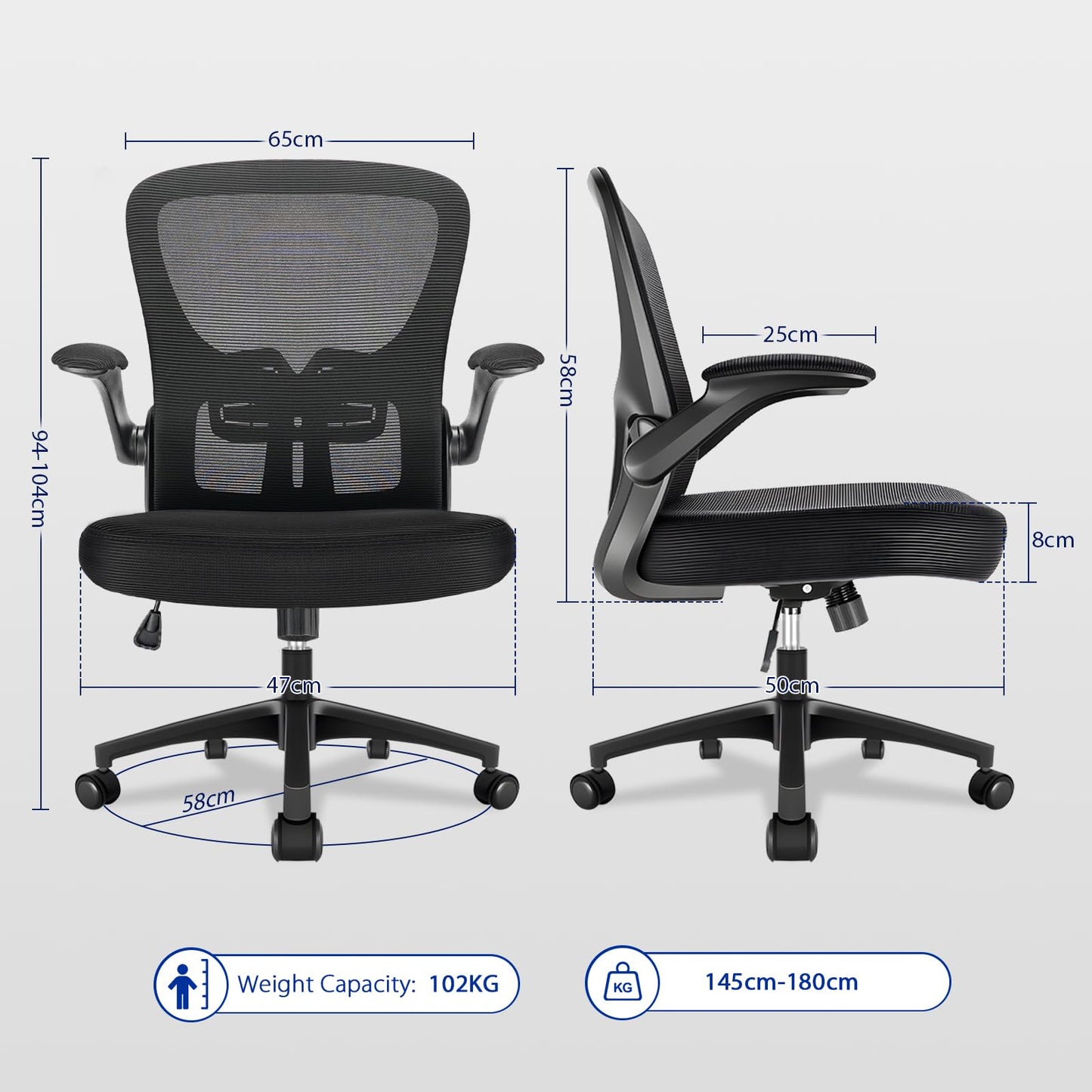Durrafy Ergonomic Office Chair, Mesh Desk Chair with Adjustable Lumbar Support & Flip-Up Arms, Height Adjustable Swivel for Home Office