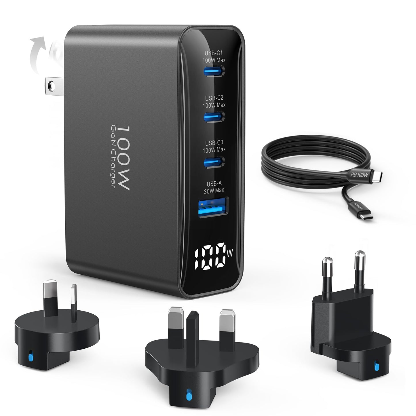 100W USB C International Travel Adapter, 4-Ports Foldable Travel Charger Converter with UK/EU/AU Plugs,Fast Charging for Macbook Pro/Air,for iPad