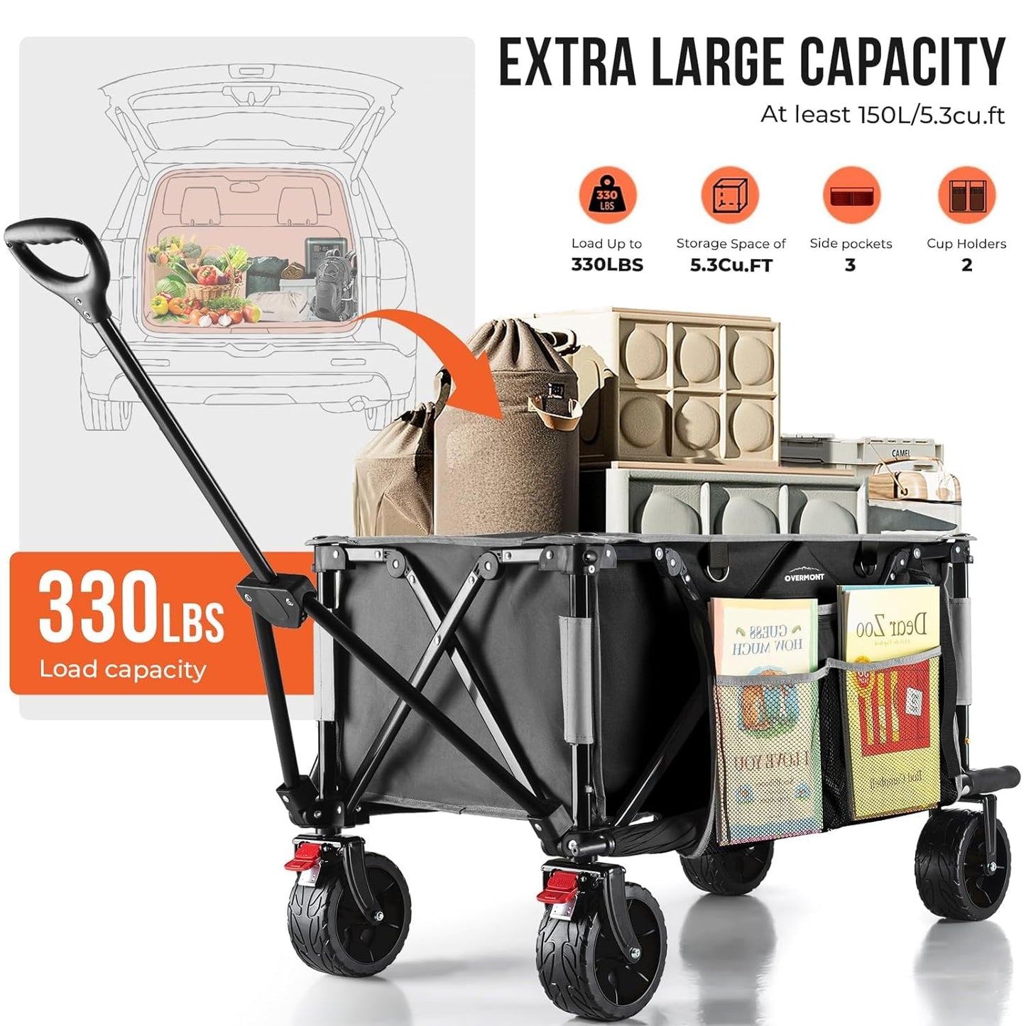 Overmont Festival Camping Trolley on Wheels - Heavy Duty Folding Beach Wagon Cart with Extra Wide Wheels, 330lbs Capacity, Adjustable Handle, Portable