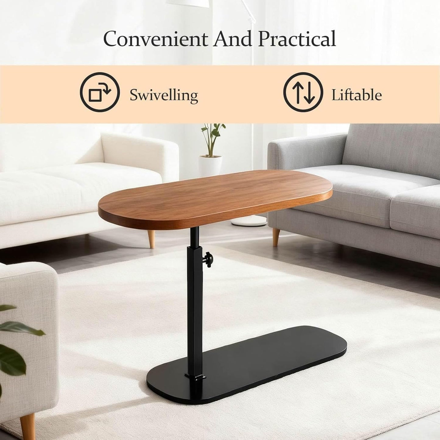 YASHIIN 360° Rotating End Table, Height-Adjustable Side Table, C-Shaped Side Furniture, Bedside Table, Compact Design for Small Spaces