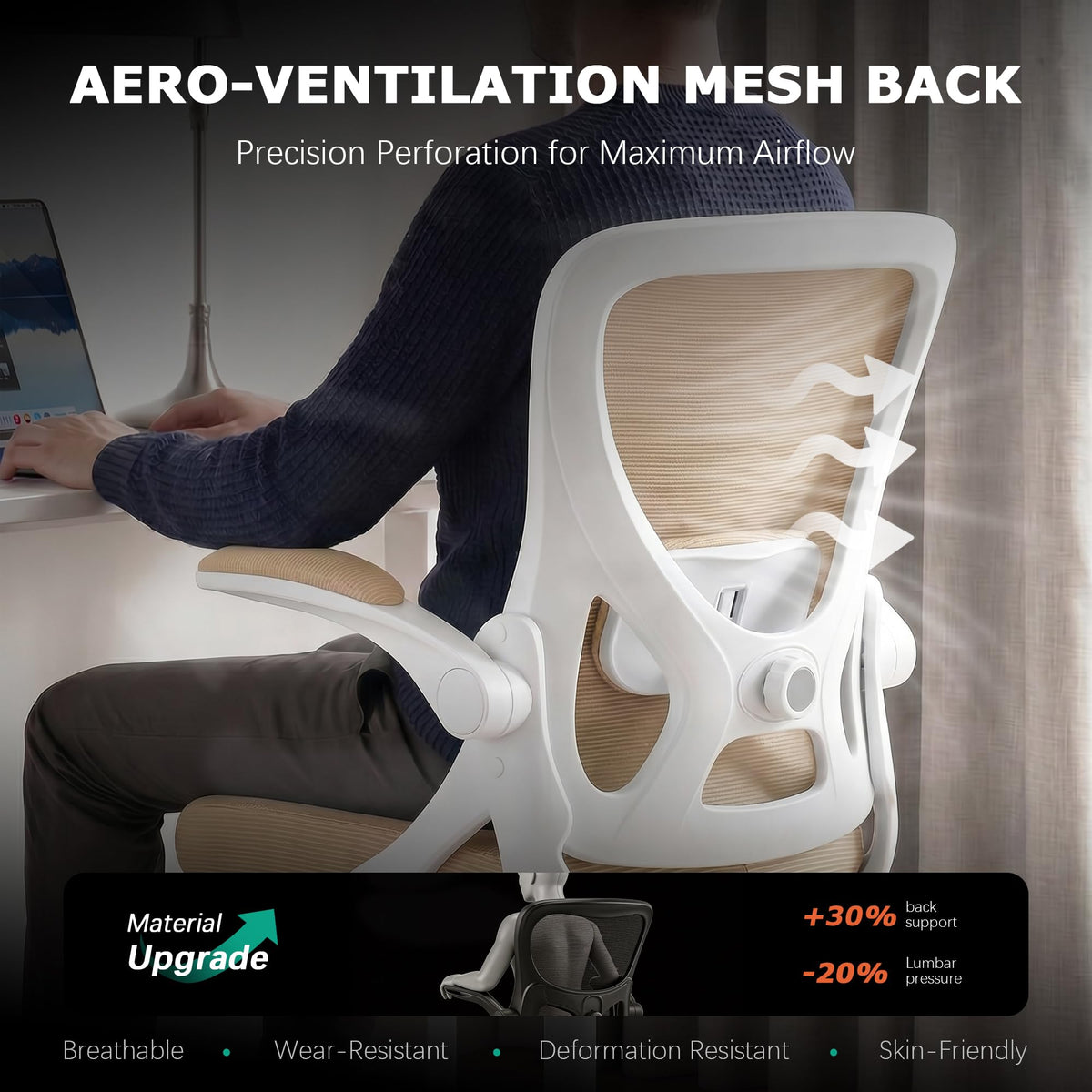 Coscendo Ergonomic Mesh Office Chair with Flip-Up Armrests, Khaki