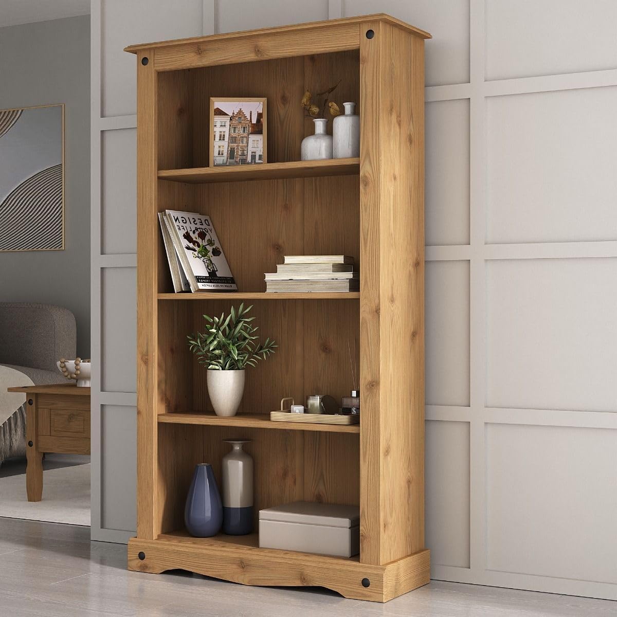 Mews Corona Bookcase Medium Solid Mexican Pine Wood with 3 Shelves - Rustic Farmhouse Style