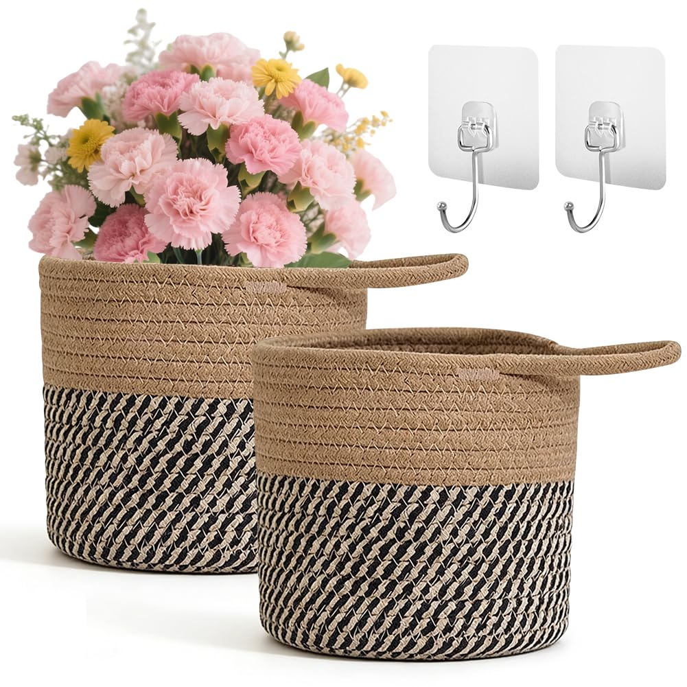 Pack of 2 Cotton Hanging Baskets, Organiser, Storage Basket, Wall Baskets with Handle, 15 x 15 cm, Storage Baskets for Kitchen, Bathroom, Bedroom