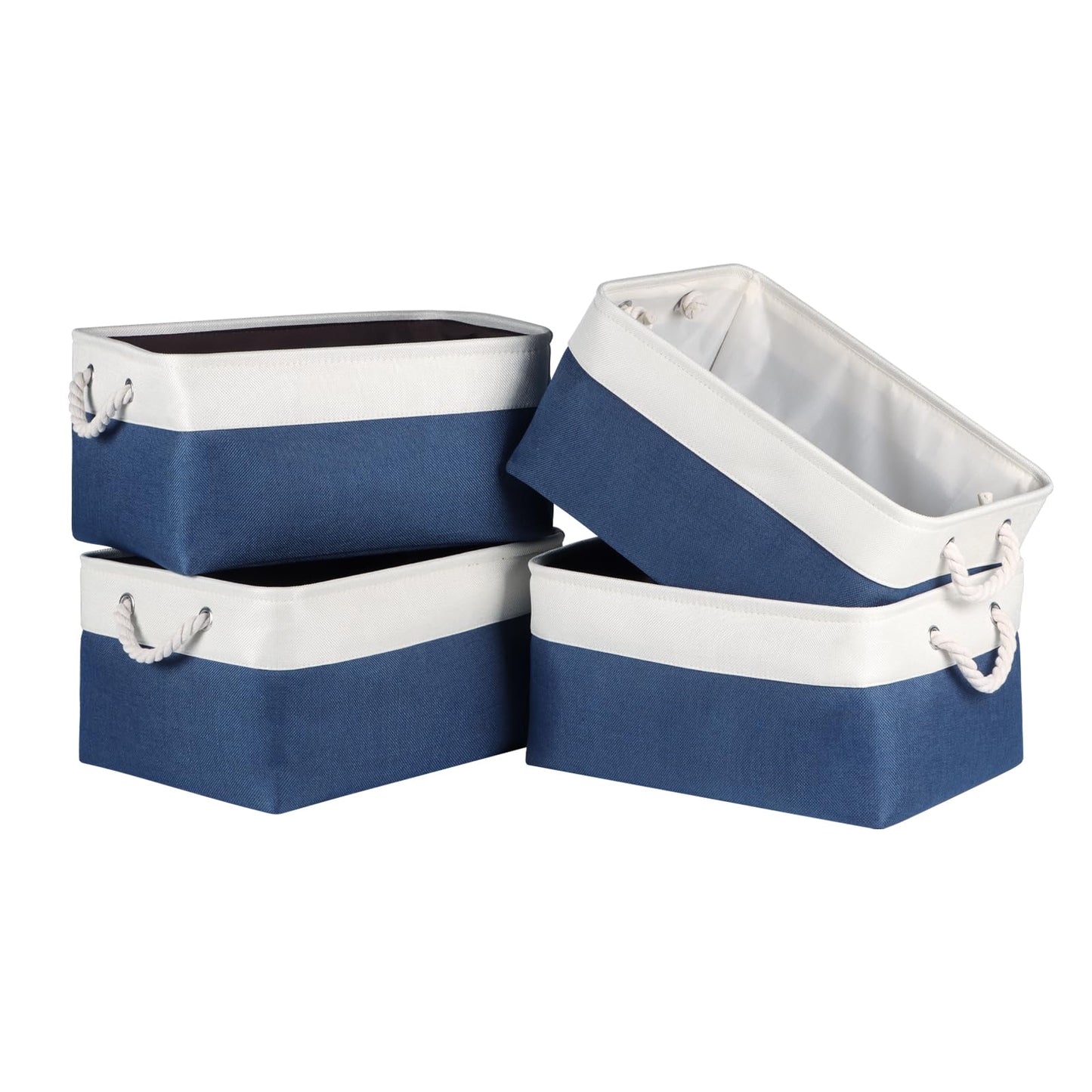 Syeeiex Storage Basket for Shelves [4 Pack], Storage Boxes with Handles, Large Fabric Storage Bins for Organizing Home and Office, White & Blue